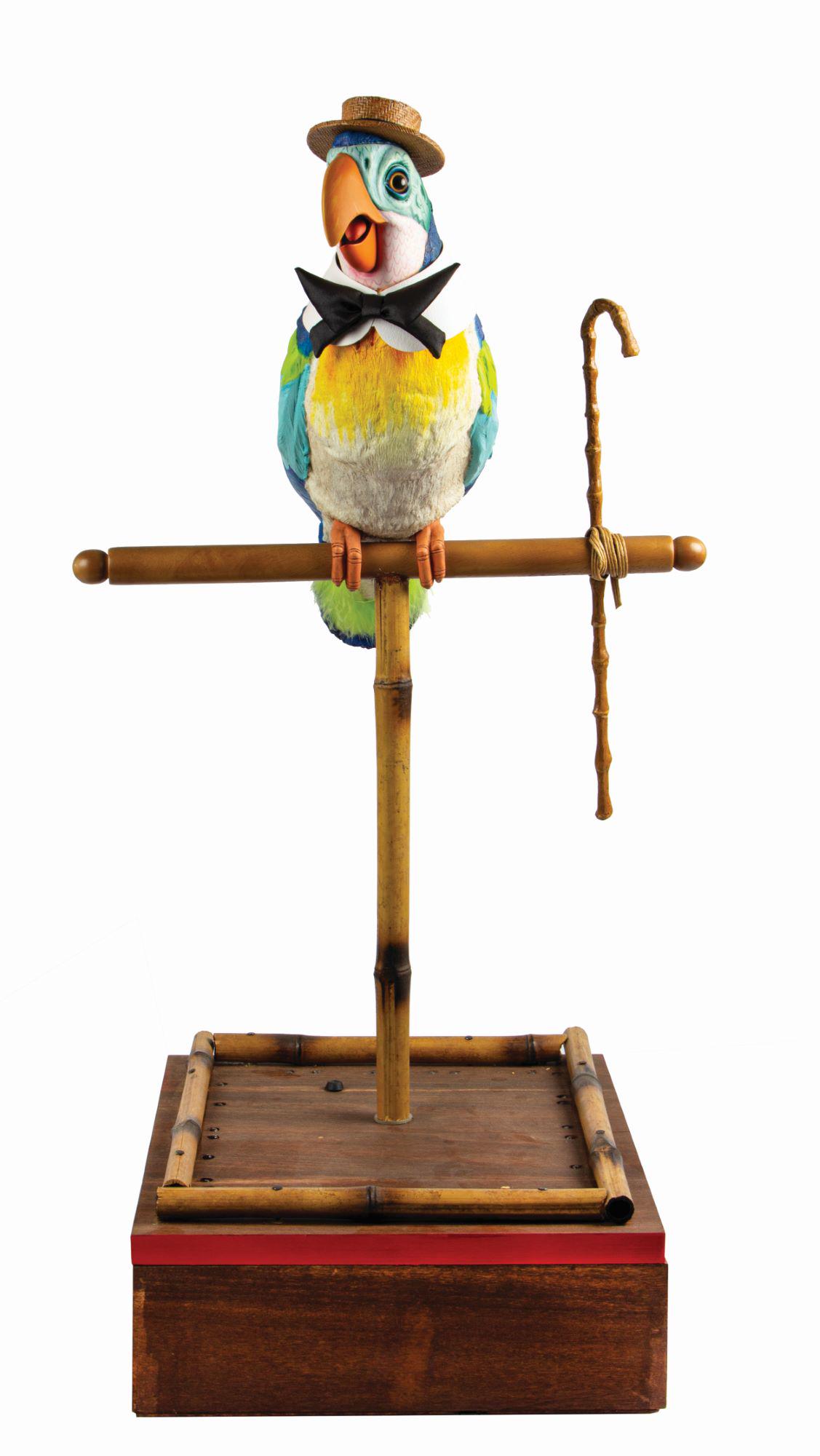 Enchanted Tiki Room Barker Bird with Custom-Lit Stand.: (Disneyland, 2005) A limited edition replica of the Barker Bird animatronic figure from the Enchanted Tiki Room. This replica was created by Kevin Kidney and Jody Daily and was made from the original 