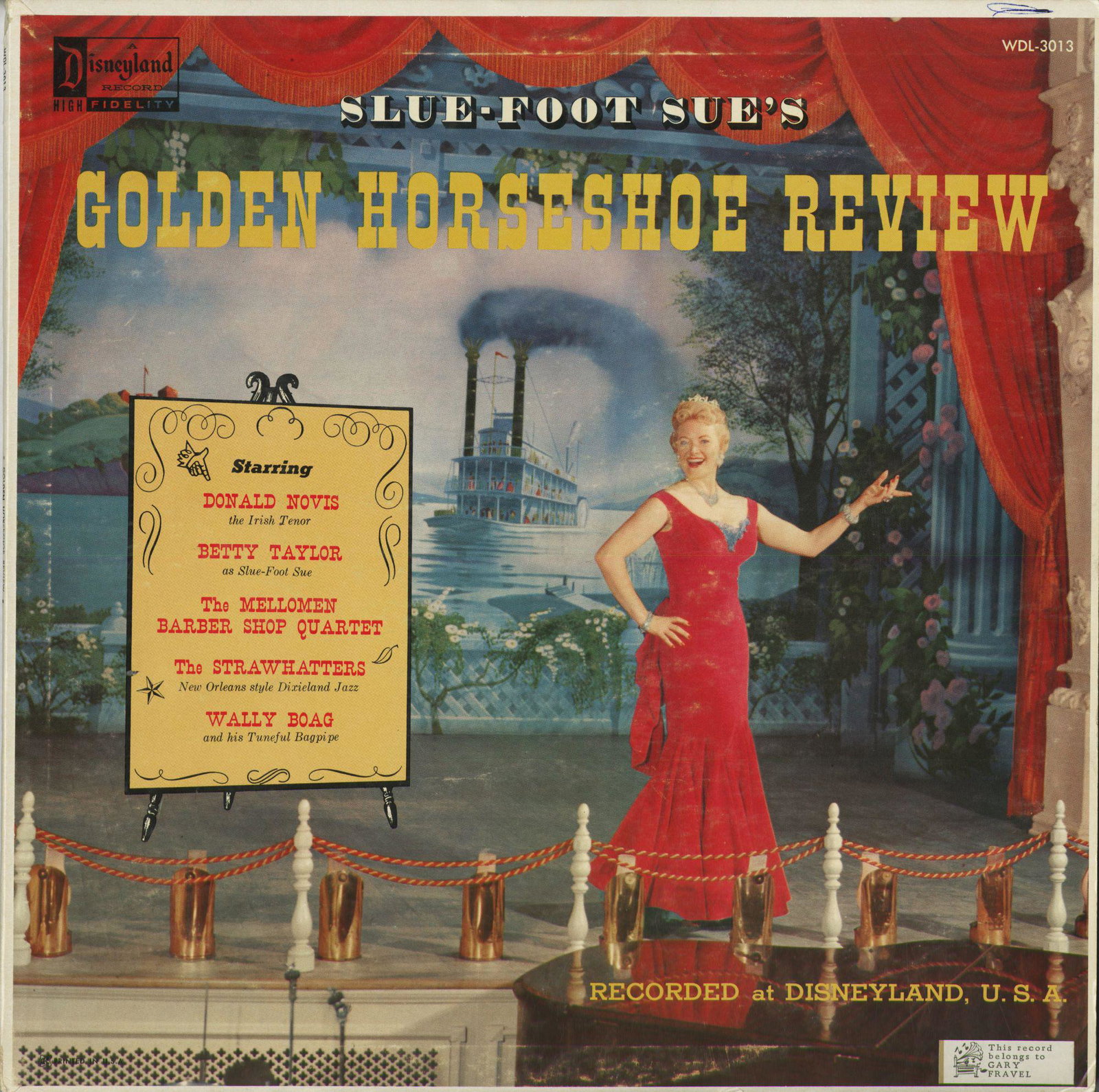 Slue-Foot Sue's Golden Horseshoe Review Record.: (Disneyland, 1957) A rare 33 1/3 rpm record titled "Slue-Foot Sue's Golden Horseshoe Review" from the estate of Disney University's Gary Fravel. The show starred Donald Novis the Irish Tenor, Betty Ta