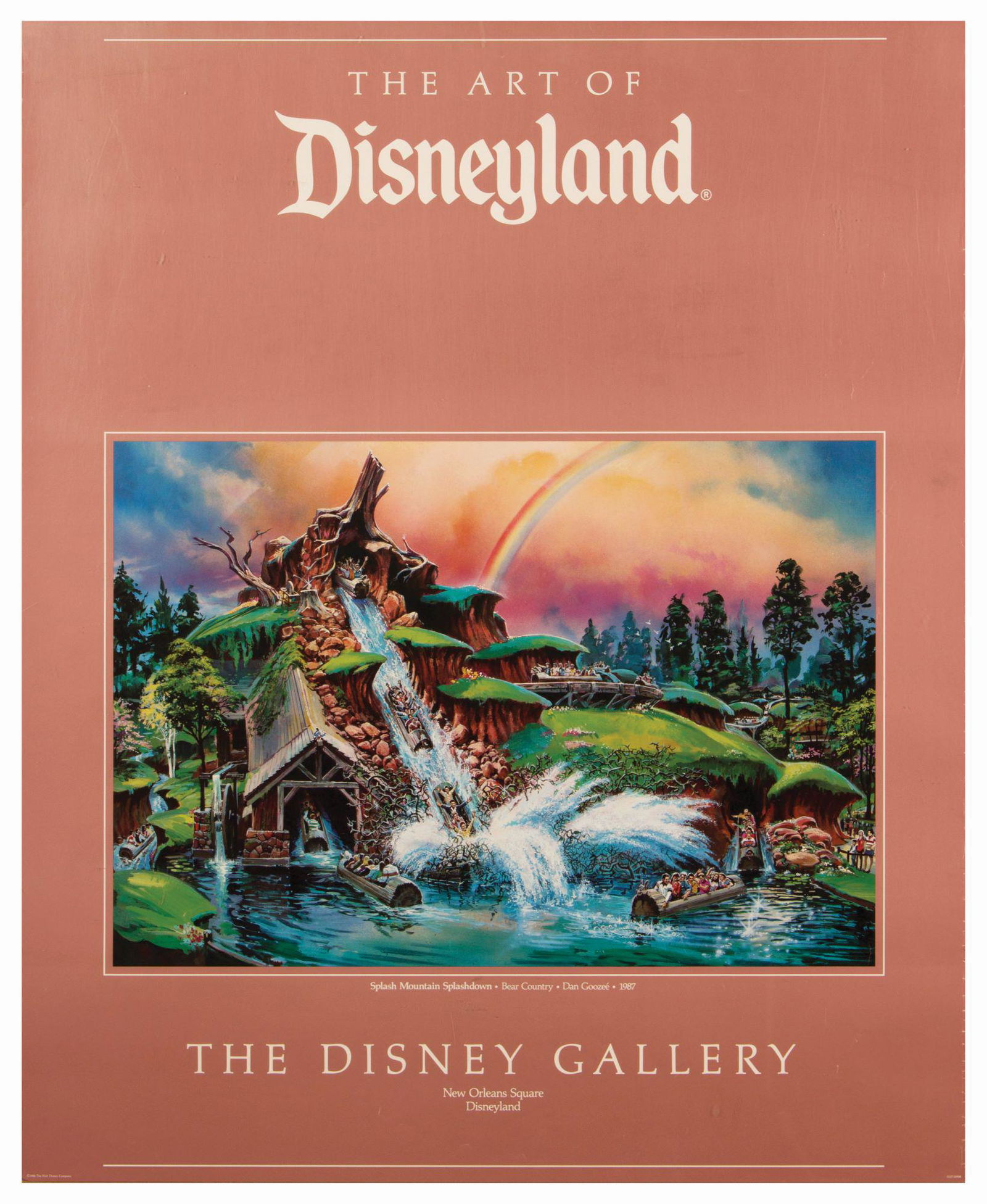 Splash Mountain Disney Gallery Poster.: (Disneyland, c.1987) A poster from The Disney Gallery that was created to celebrate their inaugural exhibition, The Art of Disneyland. The poster features concept art for Splash Mountain by artist Dan