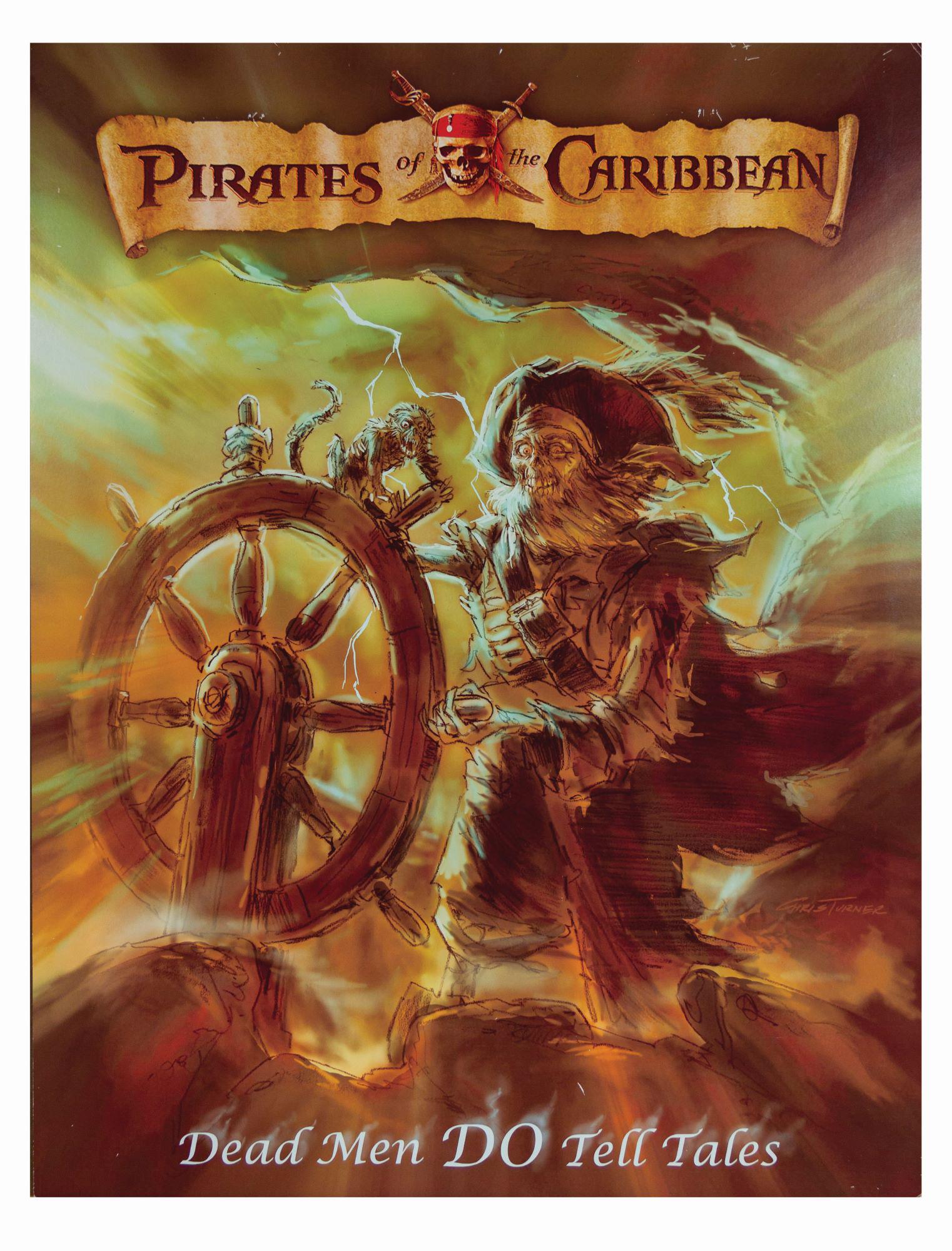 Pirates of the Caribbean Unused Attraction Poster: (Disneyland, c.2006) An incredibly rare attraction poster concept for Pirates of the Caribbean. In 2006, the attraction was refurbished with details to coincide with the release of the film. As such,
