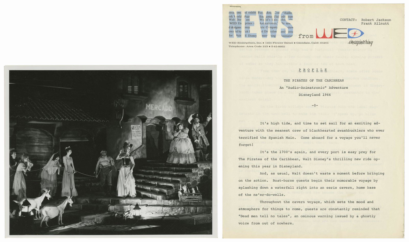 Pirates of the Caribbean Pre-Opening Press Release.: (Disneyland, 1966) A press photo and typed press release prepared by WED Imagineering for the grand opening of the Pirates of the Caribbean attraction. The press release describes what guests can expe