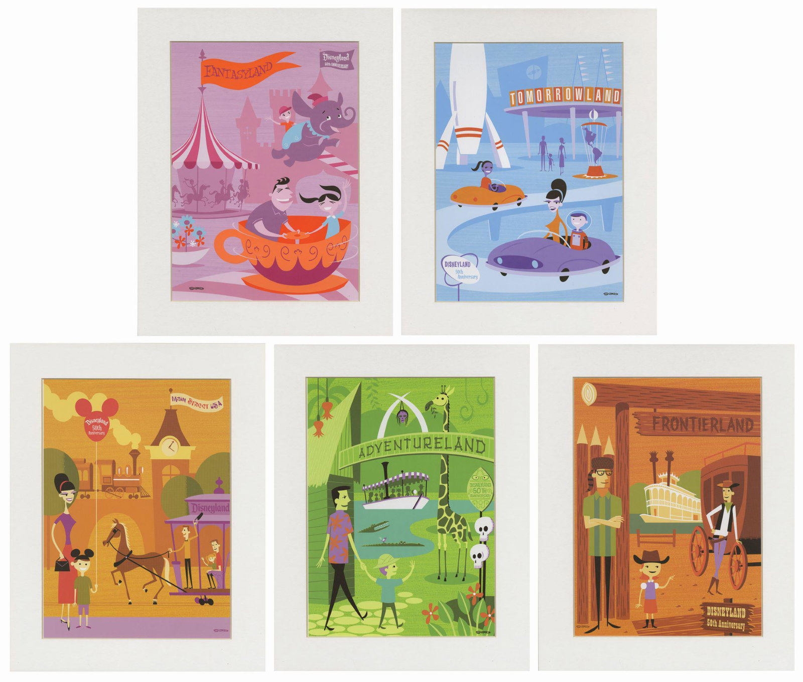 Set of (5) Shag Lands of Disneyland Prints.: (Disneyland, 2005) A set of (5) prints by pop artist Shag. These prints were created for Disneyland's 50th anniversary and include imagery of Main Street, Frontierland, Adventureland, Fantasyland, and
