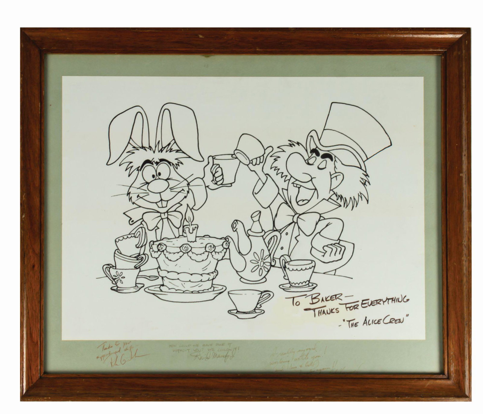 Mad Tea Party Rehab Cast Thank You.: (Disneyland, 1983) A photostat print of the Mad Hatter and March Hare given as a thank you to those who worked on the Mad Tea Party rehab for New Fantasyland. This print reads, "To Baker- Thanks for e