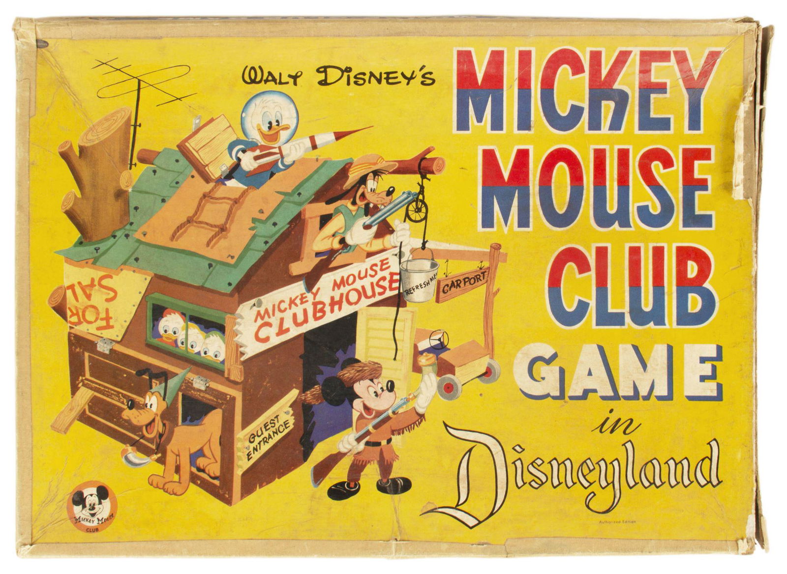Mickey Mouse Club Board Game in Box.: (Disneyland, 1955) A vintage Mickey Mouse Club board game in its original box. The game appears to be complete with its original game board, die, and 4 player tokens. The box measures 17"x12" and the