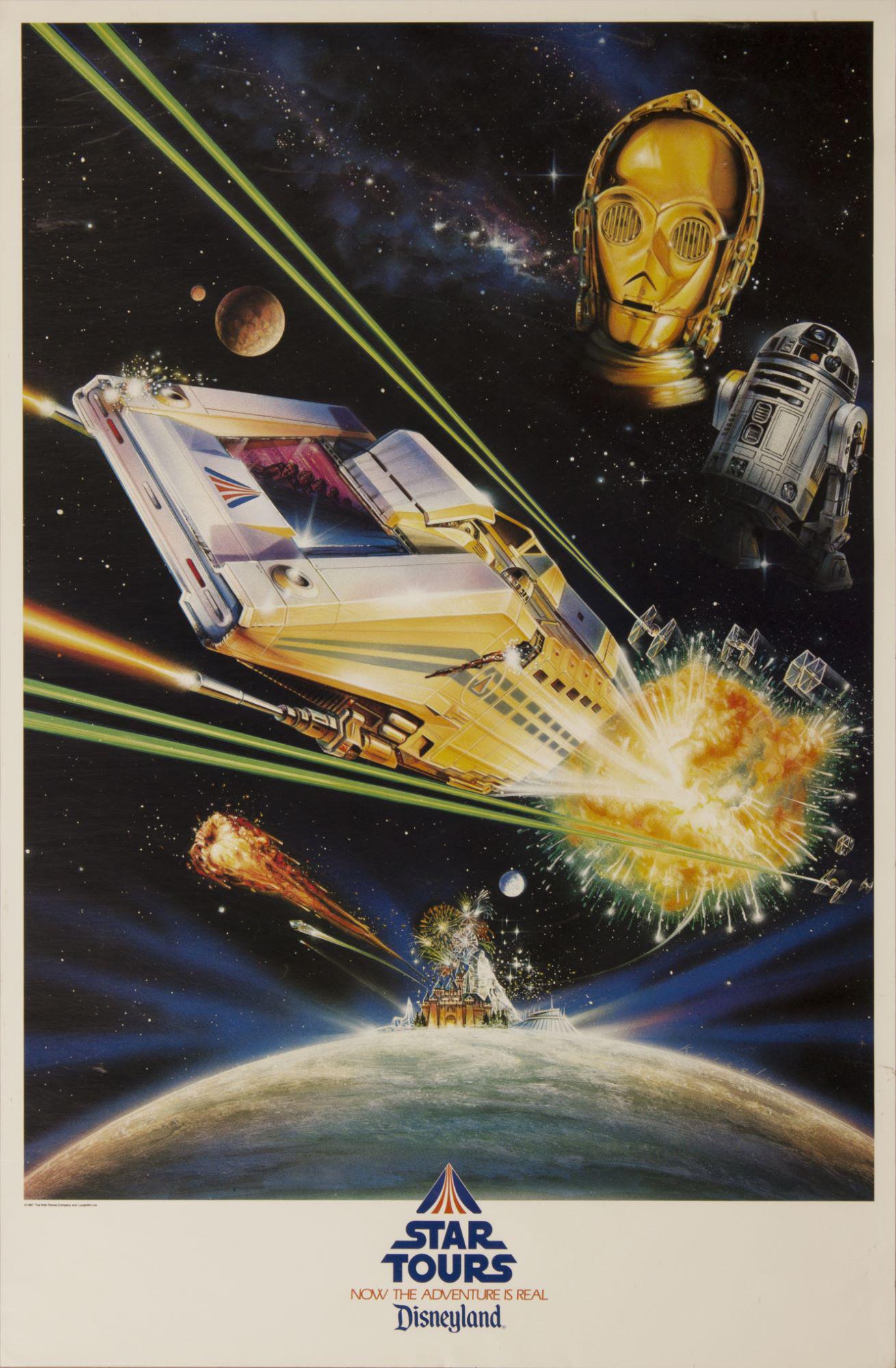 Star Tours Opening Day Souvenir Poster.: (Disneyland, 1987) A very rare souvenir poster from the opening day of Star Tours at Disneyland. Featuring great imagery of characters and elements from the attraction above Sleeping Beauty Castle, th