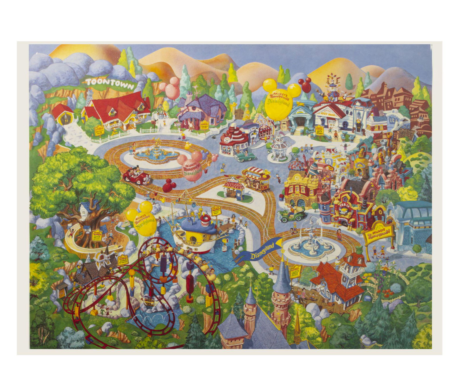 Mickey's Toontown Map Print.: (Disneyland, 1988) A stylish illustrated map of Toontown by Disney Legend Charles Boyer. The map was created to celebrate Disneyland's newest land, and was printed on thick textured art paper. Measuri