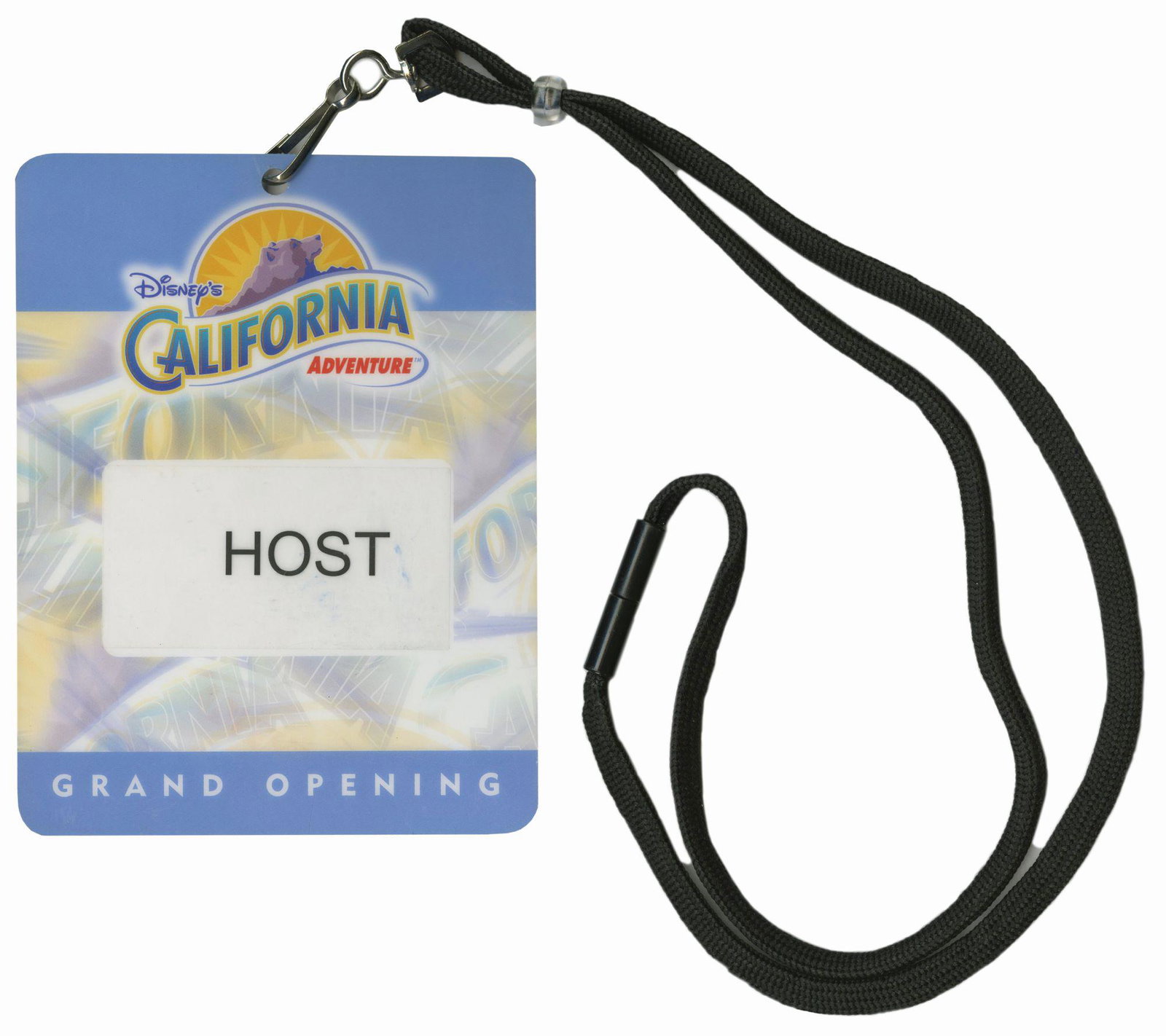 California Adventure Grand Opening Host Badge.: (California Adventure, 2001) A host identification badge from the grand opening celebration event at California Adventure. This badge features the parkâ€™s logo and was used to provide identifica