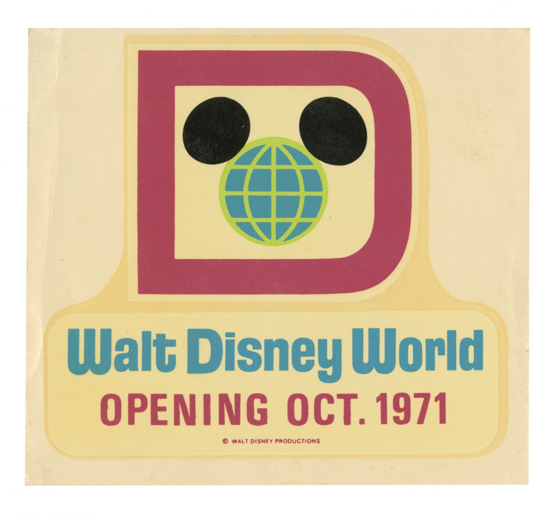 Walt Disney World Pre-Opening Decal.: (Walt Disney World, 1971) A very rare souvenir decal created to promote the opening of Walt Disney World in October of 1971. The decal features a great vintage logo for the new park with its opening d