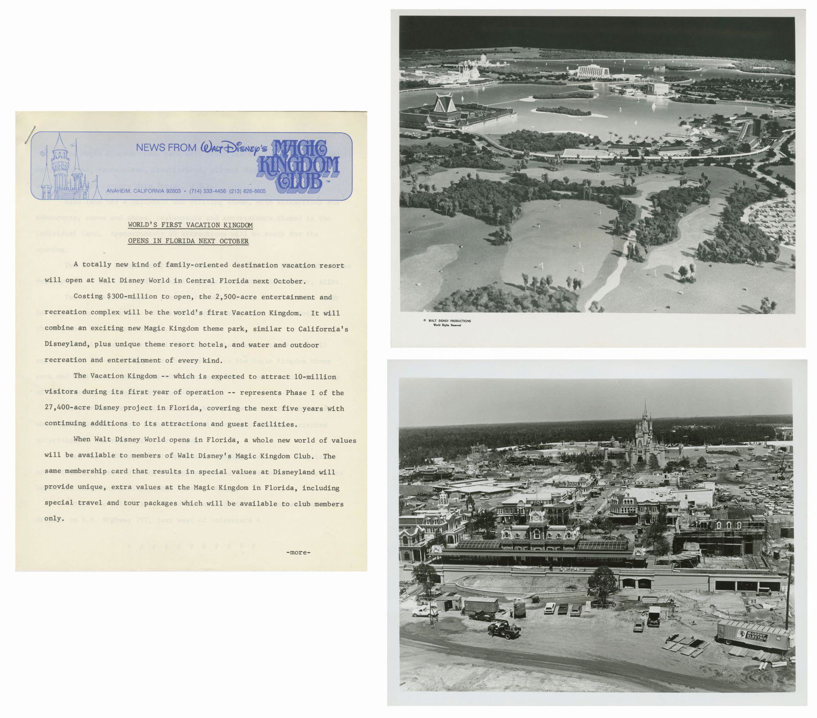 Walt Disney World Pre-Opening Press Release.: (Walt Disney World, 1971) An original press release from the Magic Kingdom Club that discusses the opening of Walt Disney World later that year. Along with the two sheets of typed information, two bla