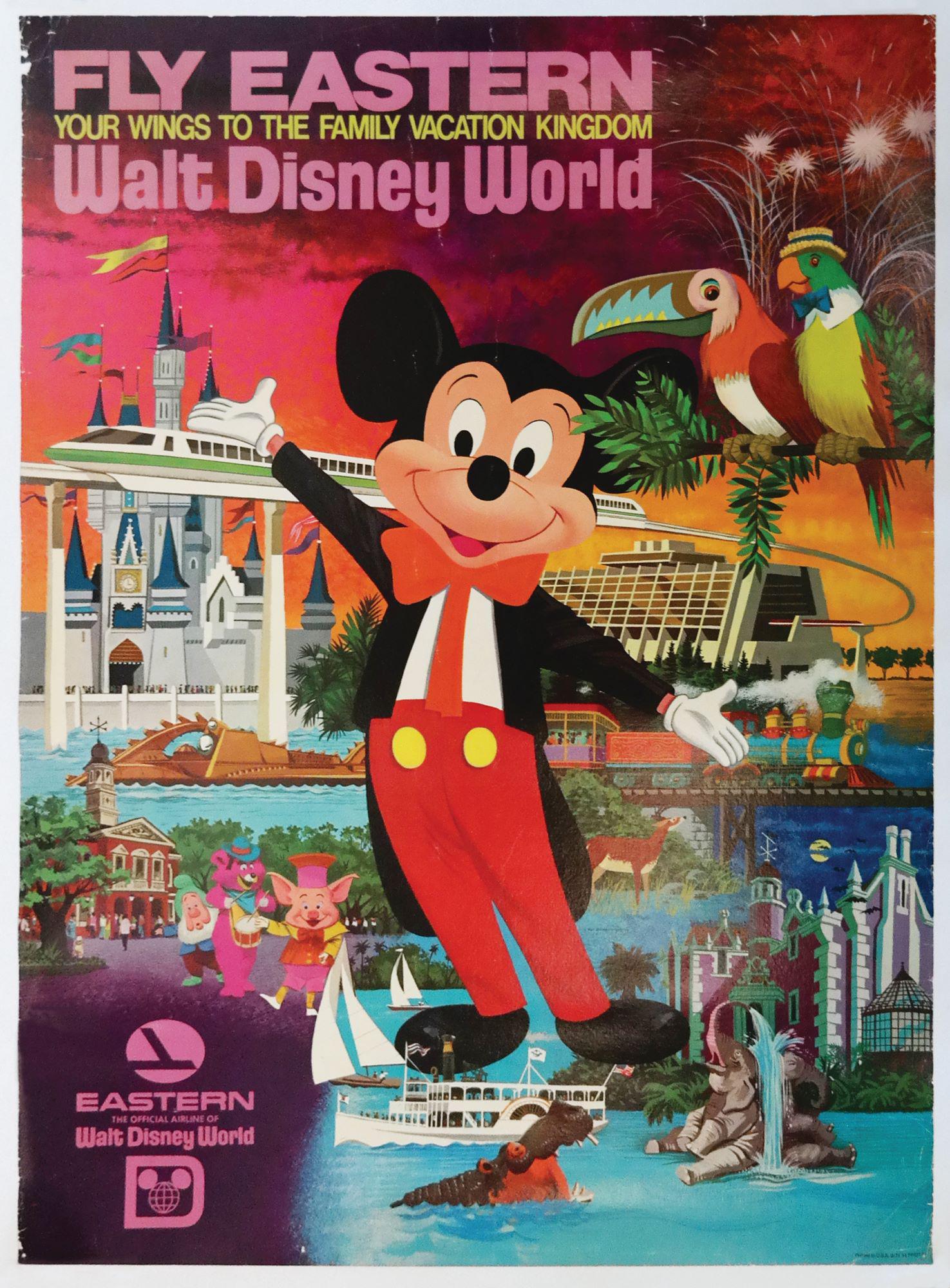Eastern Airlines Mickey Travel Poster.: (Walt Disney World, 1971) A very rare travel poster for Eastern Airlines promoting the newly opened Walt Disney World park. This beautifully printed poster promotes Eastern as "Your wings to the famil