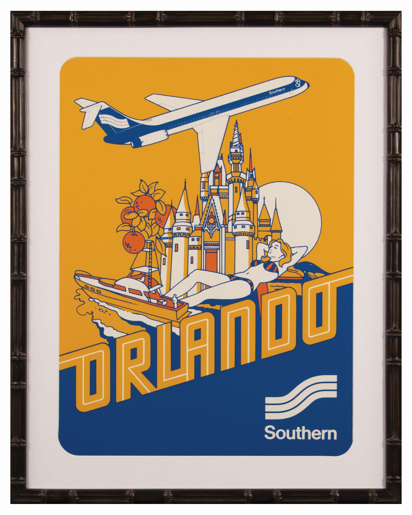Southern Airlines Orlando Travel Poster.: (Walt Disney World, c.1970s) A vibrant travel poster for Southern Airlines promoting Orlando as a destination. This poster features Cinderella Castle in bright yellow, orange, and blue above "Orlando,