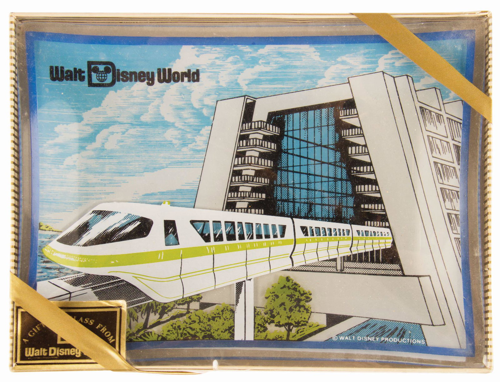 Contemporary Resort & Monorail Glass Ashtray.: (Contemporary Resort, 1971) A souvenir glass ashtray featuring imagery of the Monorail and Contemporary Resort at Walt Disney World. The glass is painted on two layers to give the image more depth. Me