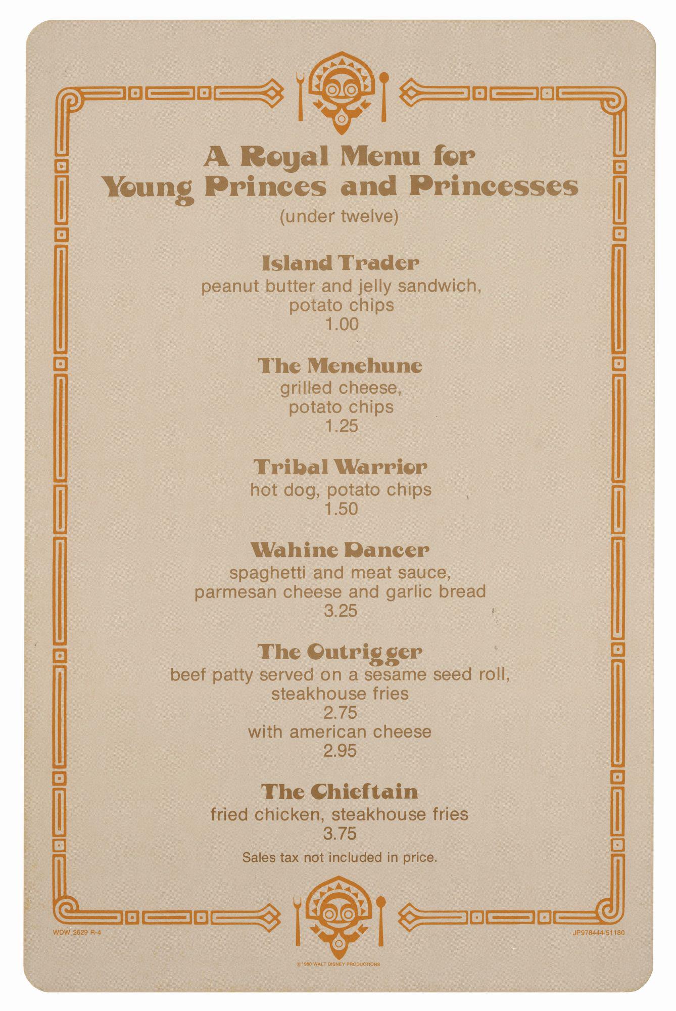 Polynesian Resort Children's Menu.: (Polynesian Village, 1980) An original children's menu from the Polynesian Village Resort. Featuring great Polynesian imagery and described as "a royal menu for young princes and princesses," this men