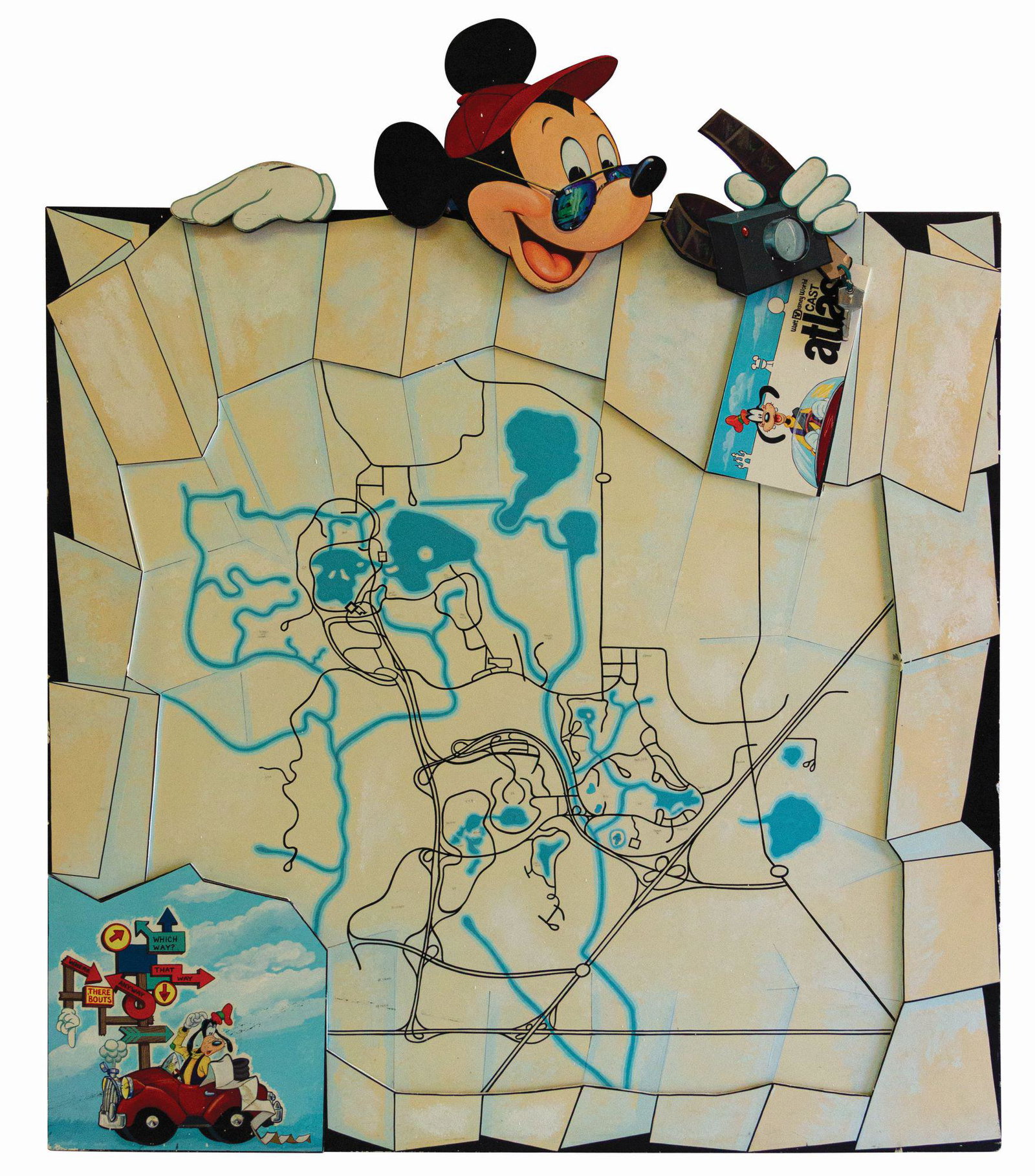 Walt Disney World Cast Atlas Promotional Sign.: (Walt Disney World, c.1990s) An original sign created to promote Walt Disney World's cast atlases. These pamphlets were provided to cast members and included information on various locations throughou