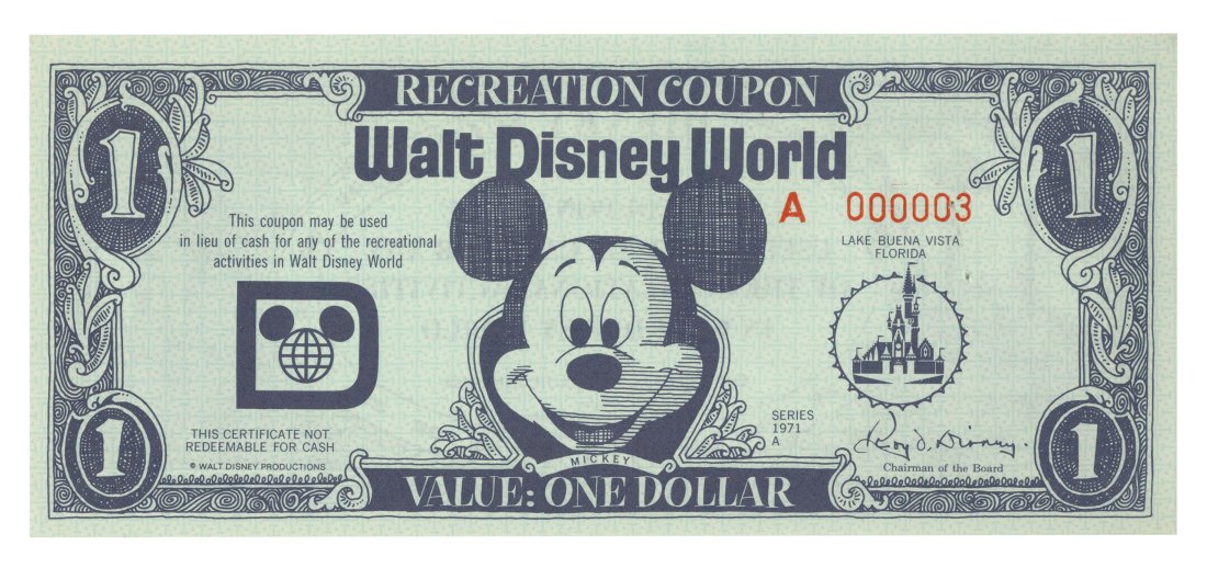 Walt Disney World Recreation Dollar.: (Walt Disney World, 1971) A very rare Walt Disney World one-dollar Recreation Coupon featuring the incredibly low serial number "000003". These Recreation Coupons predate the more commonly known Disne