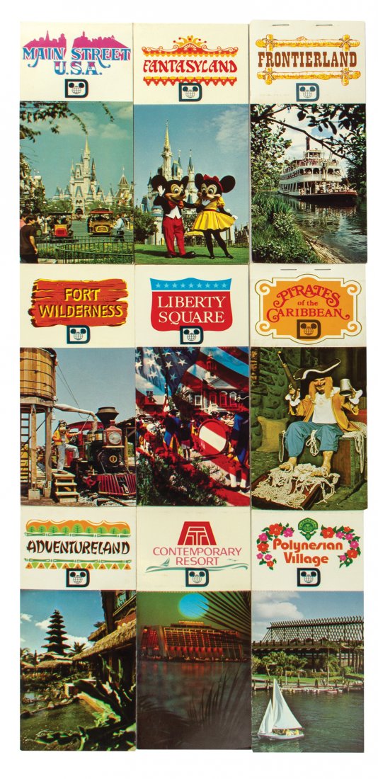 Set of (9) Walt Disney World Postcard Booklets.: (Walt Disney World, c.1970s-80s) A set of (9) souvenir postcard books based on the various lands and attractions of Walt Disney World. The books are complete and unused, with eight wonderful photo pos