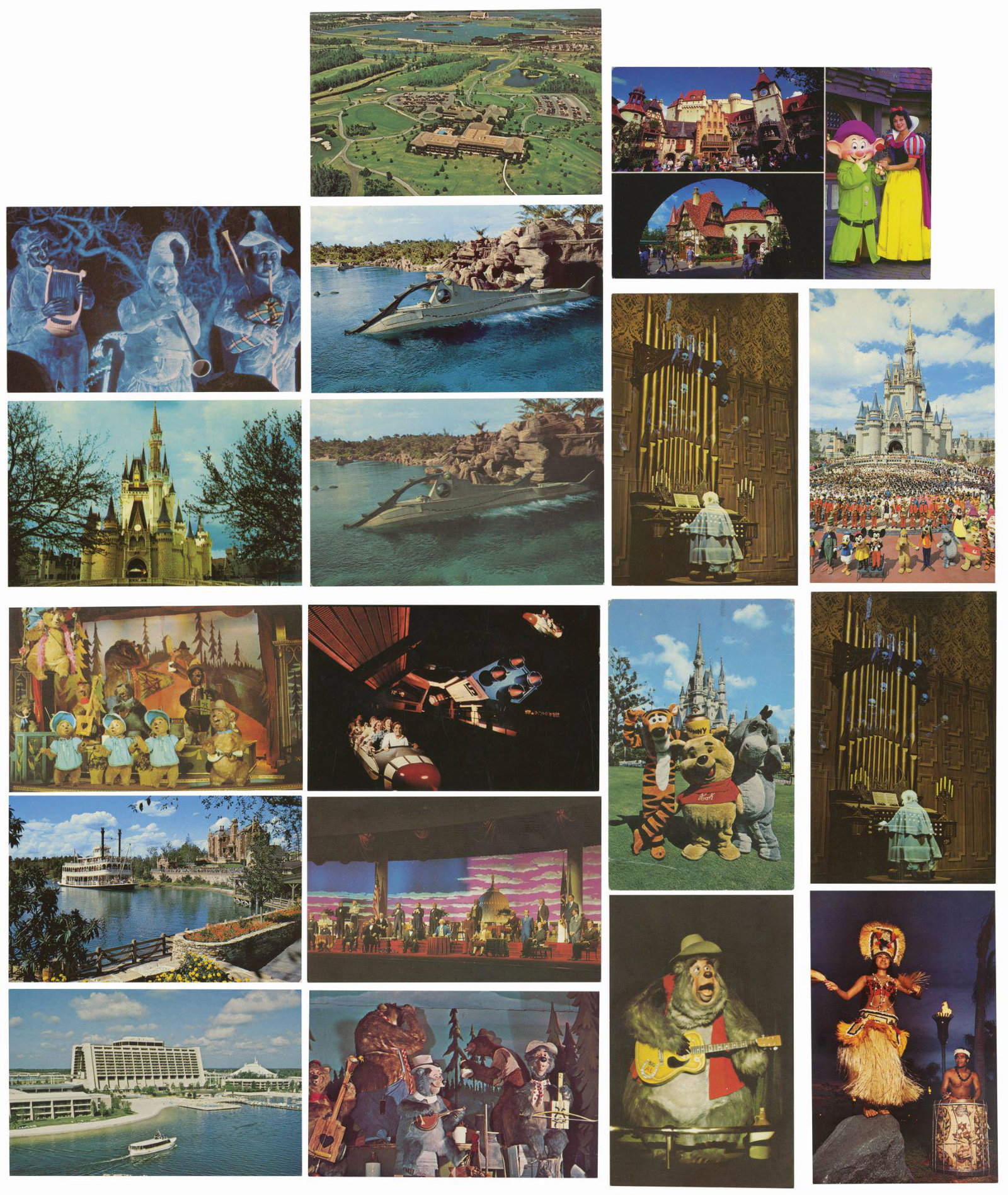 Set of (18) Walt Disney World Postcards.: (Walt Disney World,1970s/80s) A collection of (18) Walt Disney World and Epcot postcards from over the years. The postcards feature a variety of imagery of different attractions and lands in the park.