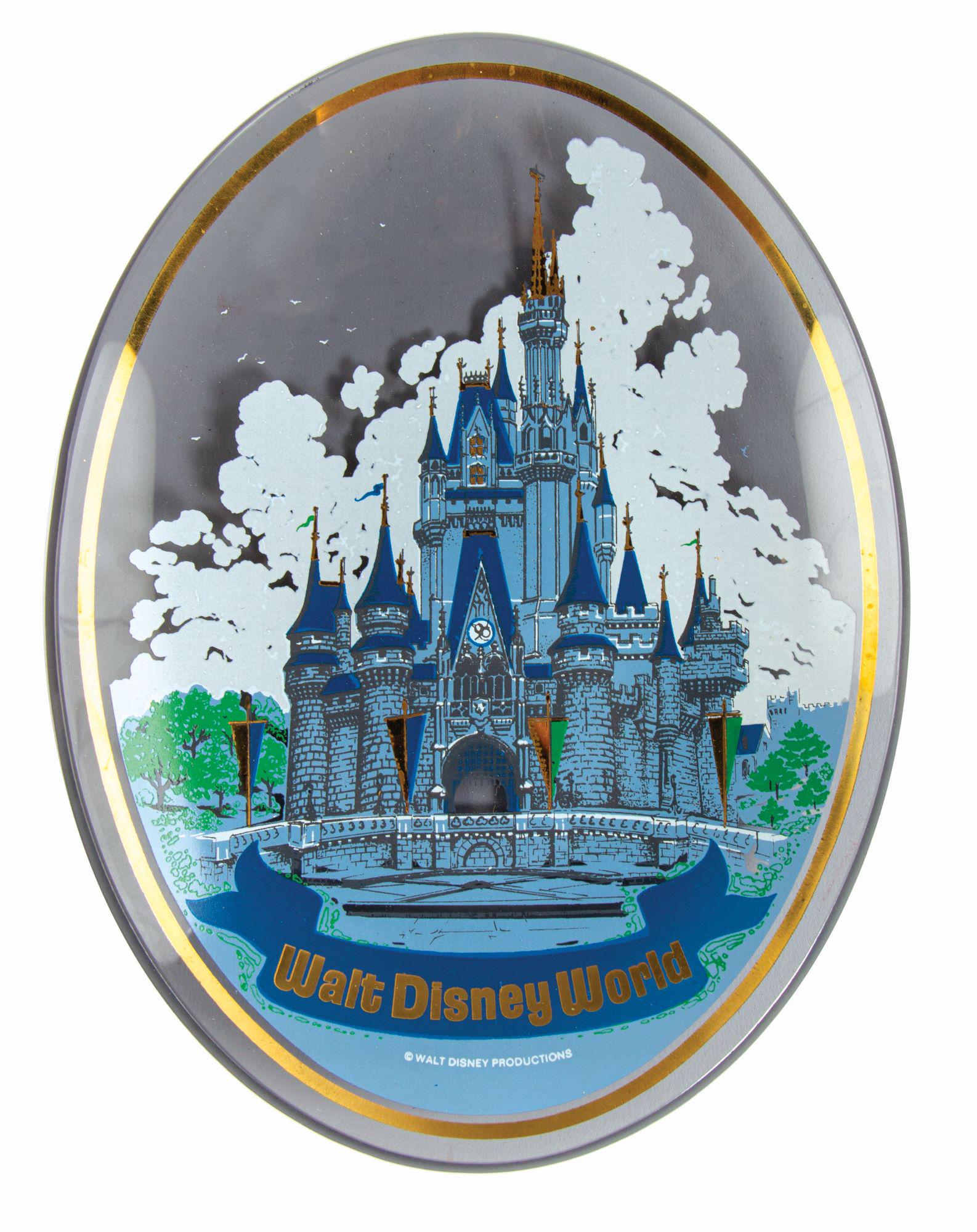 Walt Disney World Glass Tray in Box.: (Walt Disney World, c.1970s) A souvenir smoked glass tray from Walt Disney World with a stylish image of Cinderella Castle. The tray comes with its original box. Measuring 8.25"x6.25", the tray is in