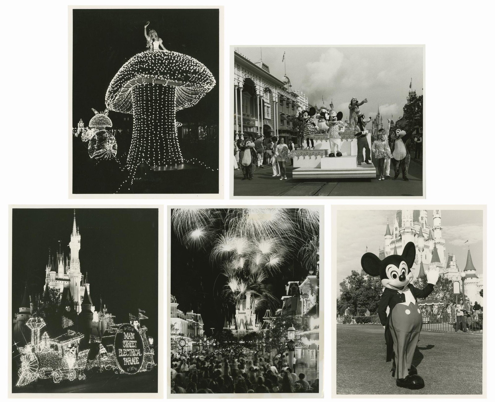 Group of (5) Walt Disney World Press Photos.: (Walt Disney World, c.1978-82) A group of (5) rare original Walt Disney World press photos. Included in this stunning collection are photos from the dazzling Main Street Electrical Parade, the Main St