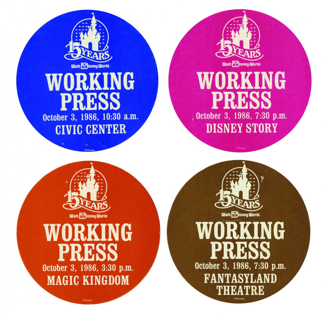 Set of (4) 15th Anniversary Press Stickers.: (Walt Disney World, 1986) A set of (4) 15th Anniversary Birthday Celebration stickers created for a special press event which ran from October 2-5, 1986. Each Working Press sticker has a date of Octob
