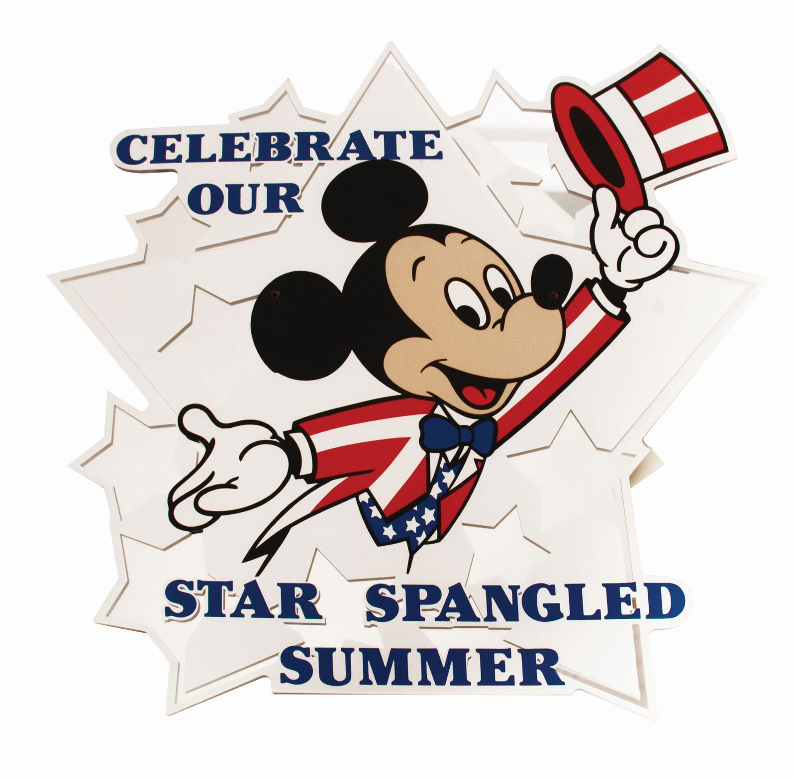 "Celebrate Our Star Spangled Summer" Sign.: (Walt Disney World, c.1980s) A festive sign featuring Mickey wearing red-white-and-blue, and the slogan, "Celebrate our Star Spangled Summer." The sign measures 20"x22" and is very good condition with