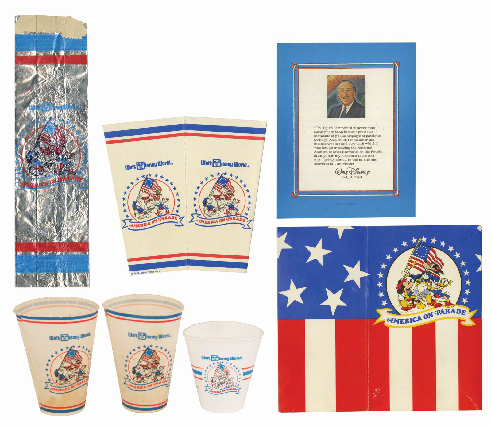 Set of (7) America on Parade Souvenirs.: (Walt Disney World, 1976) A very rare group of (7) items from America on Parade at Walt Disney World. This collection includes a saltwater taffy box from the Main Street Confectionery, a popcorn box, 
