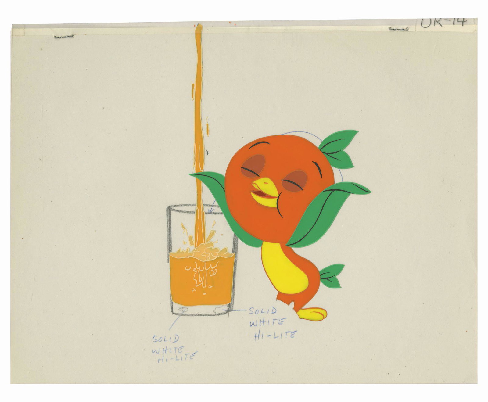 Florida Citrus Orange Bird Animation Cel Set-Up.: (Walt Disney World, 1970s) A rare hand-painted animation cel set-up of the Orange Bird. This cel set-up includes three layers: the top cel is the Orange Bird itself, the middle cel is the orange juice