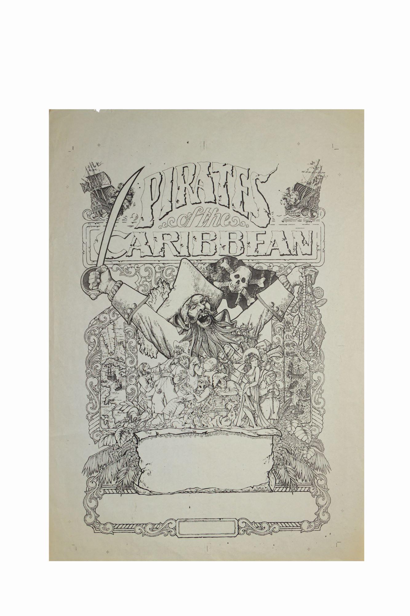 Pirates of the Caribbean Poster Development Artwork.: (Walt Disney World, 1982) An original line art test print featuring Jim Michaelson's design for the Pirates of the Caribbean attraction poster. The final artwork was used at Disneyland, Walt Disney Wo