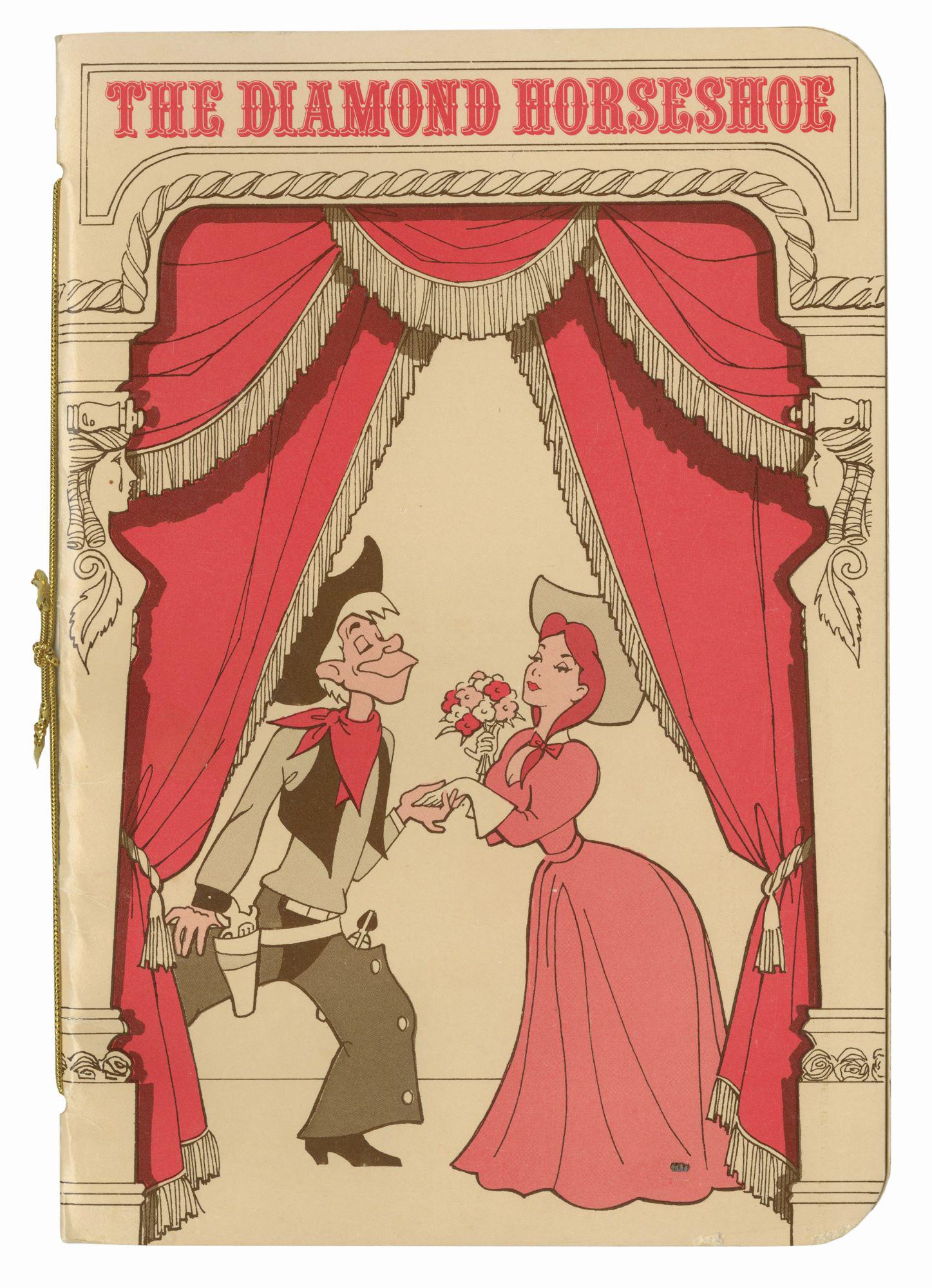 Diamond Horseshoe Revue Menu.: (Walt Disney World, 1983) A stylish menu from the Diamond Horseshoe Revue restaurant sponsored by Del Monte. This menu features western-inspired imagery throughout and is bound at the seams with gold 