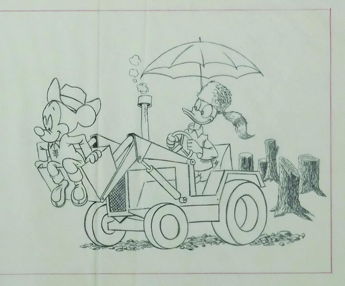 Mickey & Donald Frontierland Construction Sign Drawing.: (Walt Disney World, c.1973) An original drawing of Mickey and Donald created for a Frontierland construction sign. Accomplished in pencil on vellum, the drawing measures approximately 7"x10" on the la