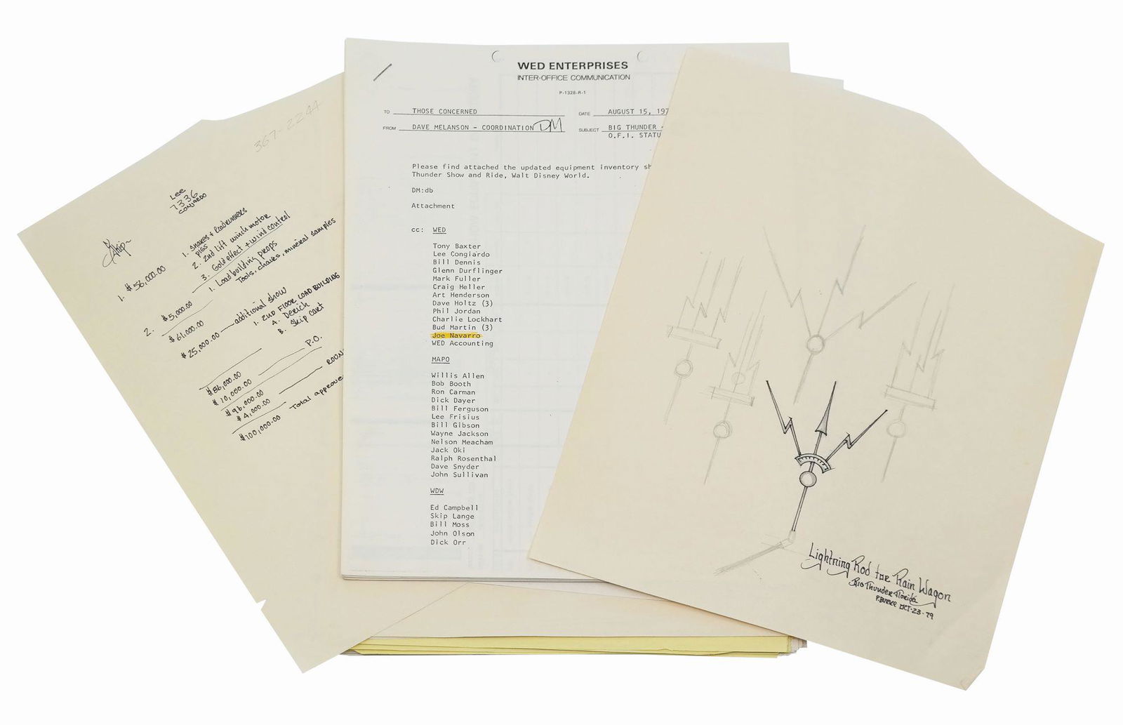 Big Thunder Mountain Expenses Documents.: (Walt Disney World, 1979) A set of (66) Imagineering documents relating to Big Thunder Mountain. The set includes xeroxed drawings, one original ink and pencil drawing of a lightning rod, and various