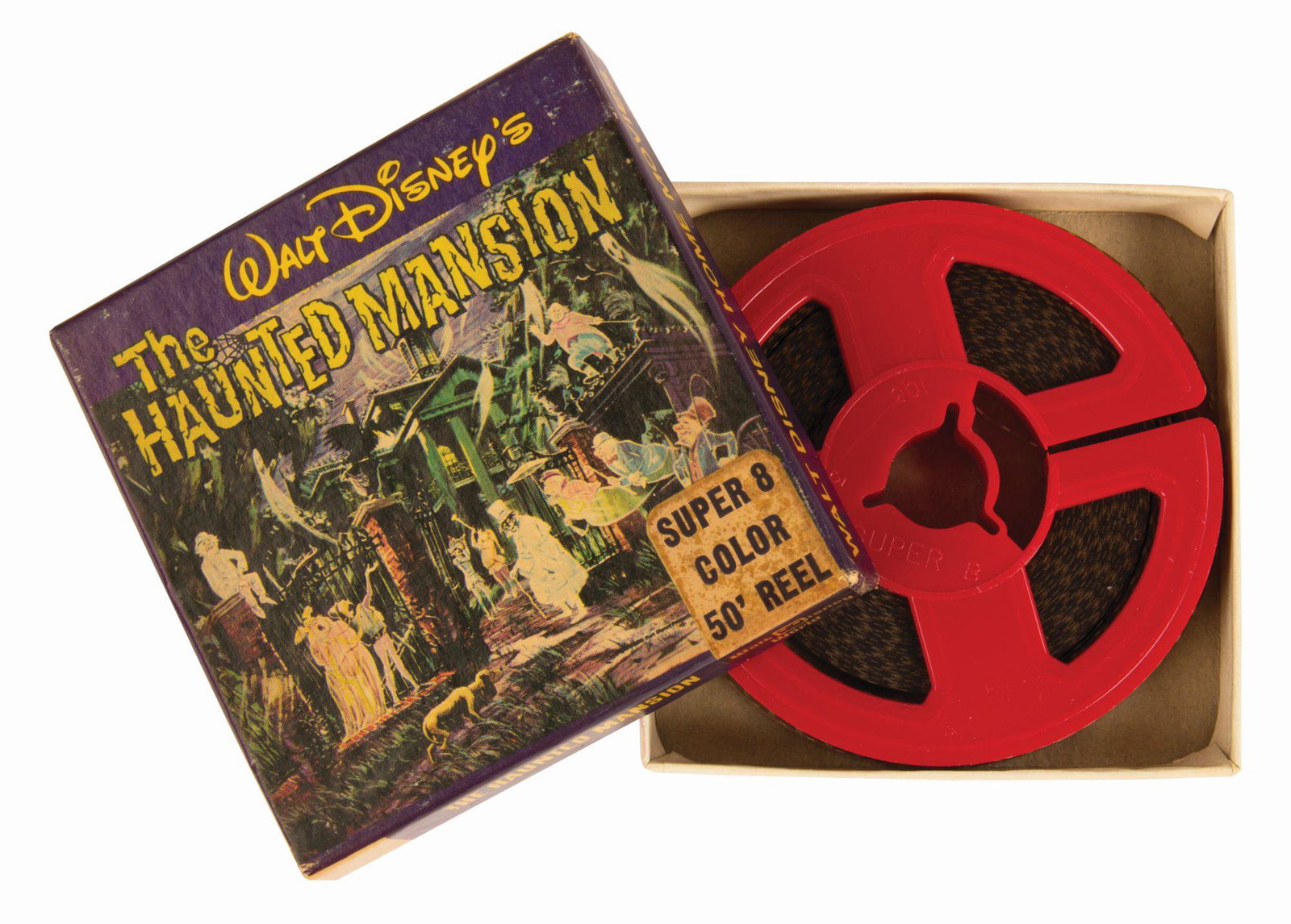 Haunted Mansion Souvenir 8mm Film.: (Walt Disney World, 1970s) A souvenir Super 8mm color film reel featuring scenes and sound from Walt Disney World's Haunted Mansion. This film comes in its original box with fantastic imagery on the l