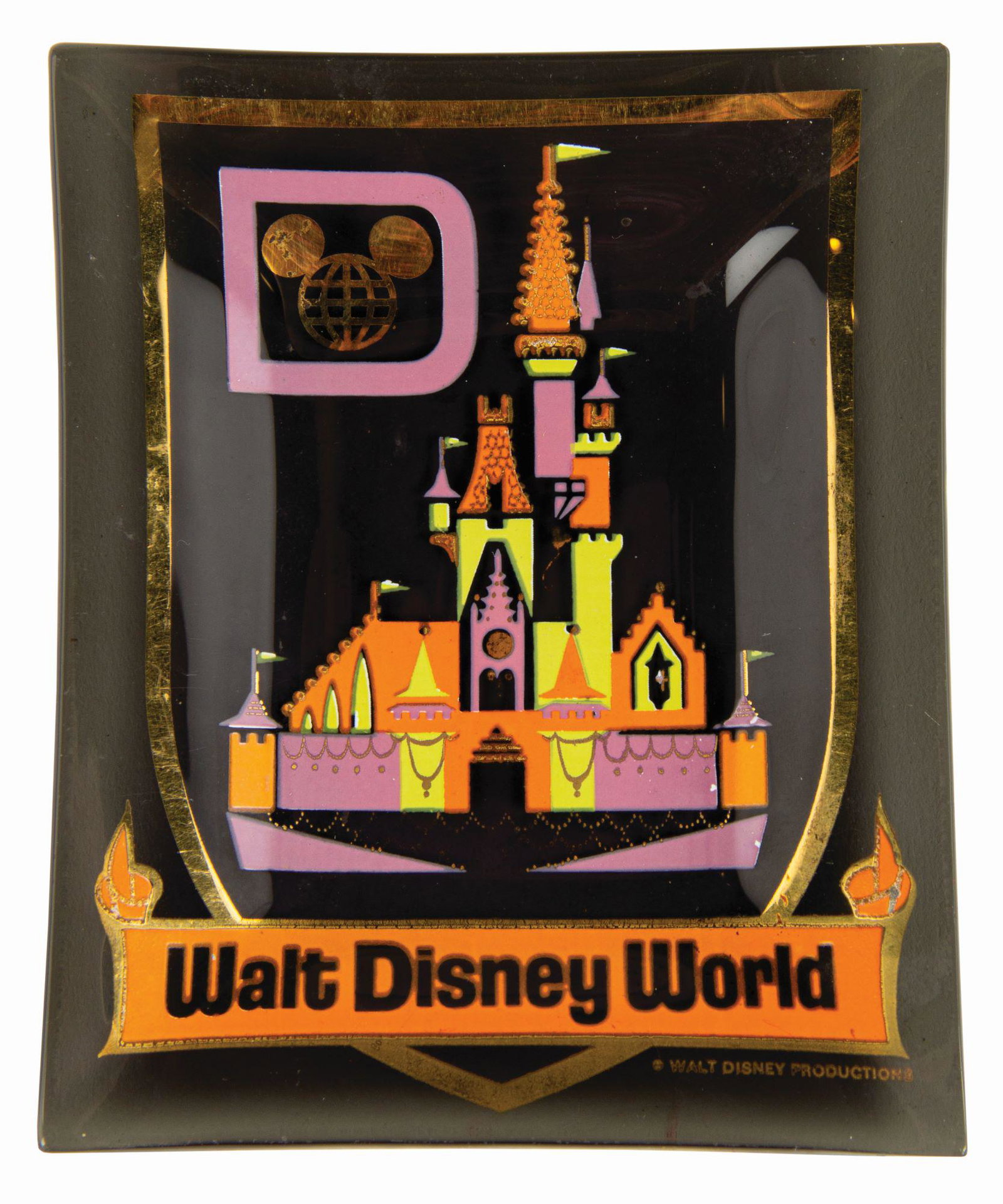 Cinderella Castle Smoked Glass Dish.: (Walt Disney World, c.1970s) A smoked glass dish featuring stylish retro imagery of Cinderella Castle. This charming souvenir measures 4.75"x4" and is in over good condition with some light surface sc