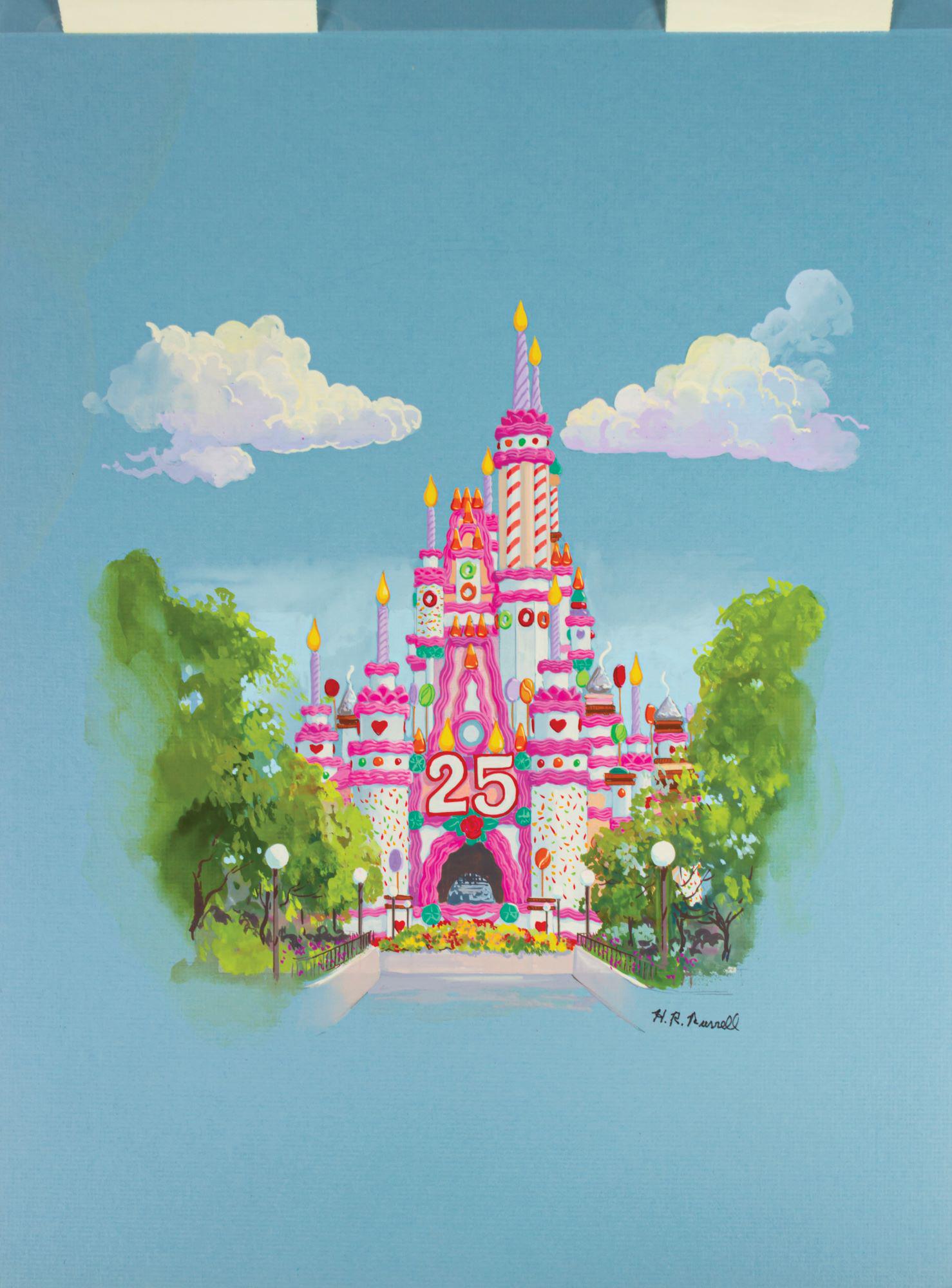 H.R. Russell Original Cinderella Castle Concept: (Walt Disney World, c.1995) An original concept painting by artist H.R. Russell, known for such iconic work as the Captain EO attraction poster. The artwork features Cinderella Castle with its birthda