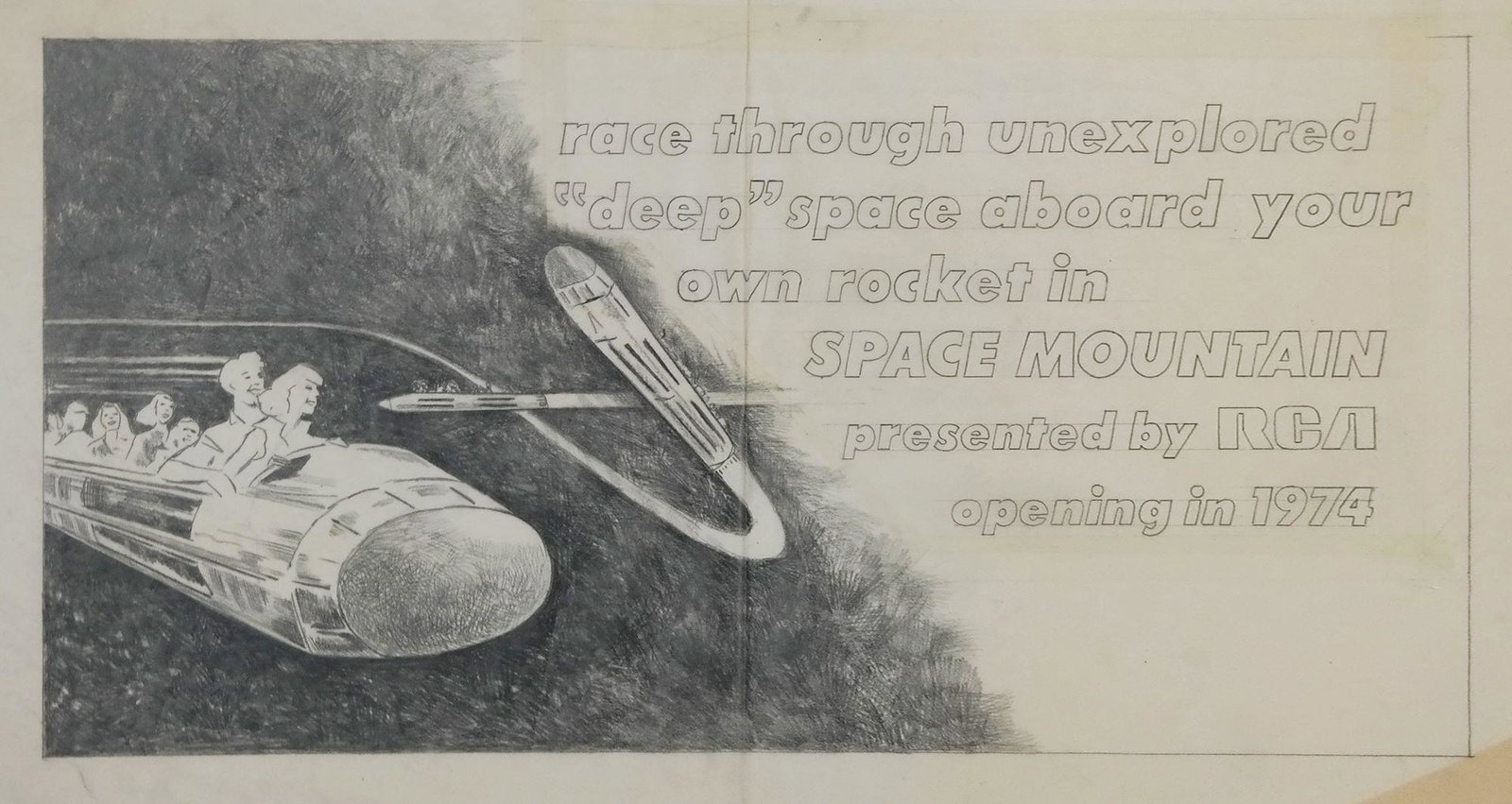 Original Space Mountain Construction Sign Drawing.: (Walt Disney World, c.1973) An original drawing created for a construction sign for Space Mountain. The Magic Kingdom's Space Mountain officially opened in 1975, however this original pencil artwork o