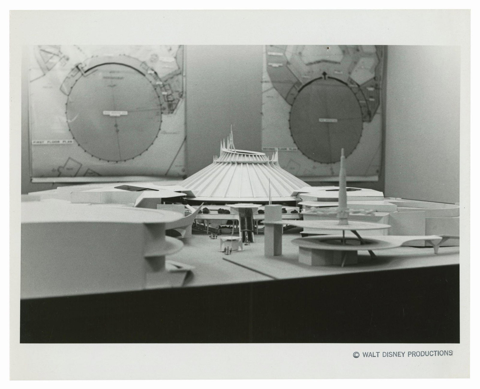 Signed Space Mountain Model Photo.: (Walt Disney World, c.1970s) An original black-and-white photo of the three-dimensional model that was used in the development of the Space Mountain attraction building. The reverse of the photo is pe