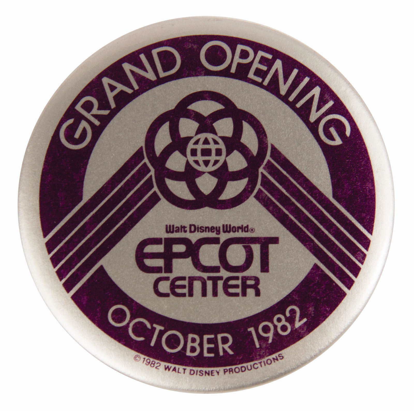 Harper Goff's Epcot Grand Opening Admission Badge.: (Epcot, 1982) An original admission button for Epcot Center from the estate of Imagineer Harper Goff. The reverse of the button lists the admission specifications and use dates of Oct. 18 thru 27, 198
