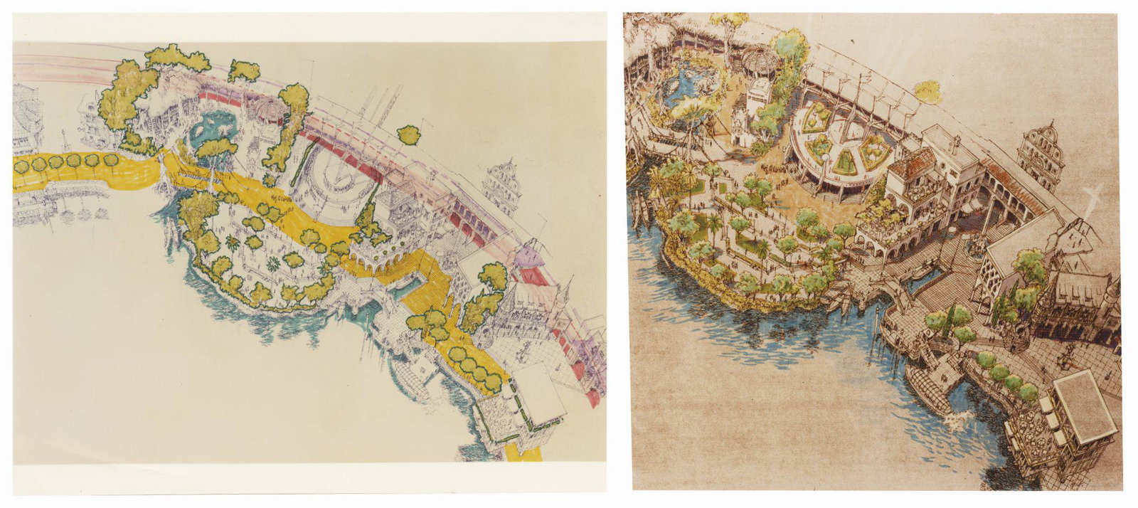 Pair of Harper Goff Epcot Concept Art Prints.: (Epcot, 1982) A pair of concept art prints by Imagineer Harper Goff for the World Showcase at Epcot. These prints come from Goff's estate and were used as his personal reference for the World Showcase