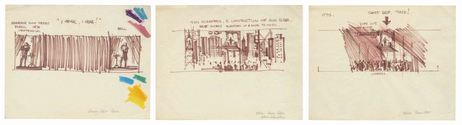 Set of (3) American Adventure Clem Hall Drawings.: (Epcot, c.1981) A set of (3) original drawings from the estate of Imagineer Clem Hall. These drawings were created during the development of Epcot's The American Adventure, and represent the scenes in