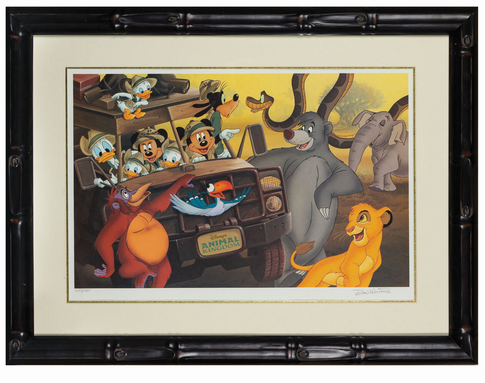 Animal Kingdom Don Williams Signed Lithograph.: (Animal Kingdom, c.1998) A limited edition lithograph created for cast members of Disney's Animal Kingdom. The beautiful artwork was created by Don "Ducky" Williams and features Mickey and friends sur