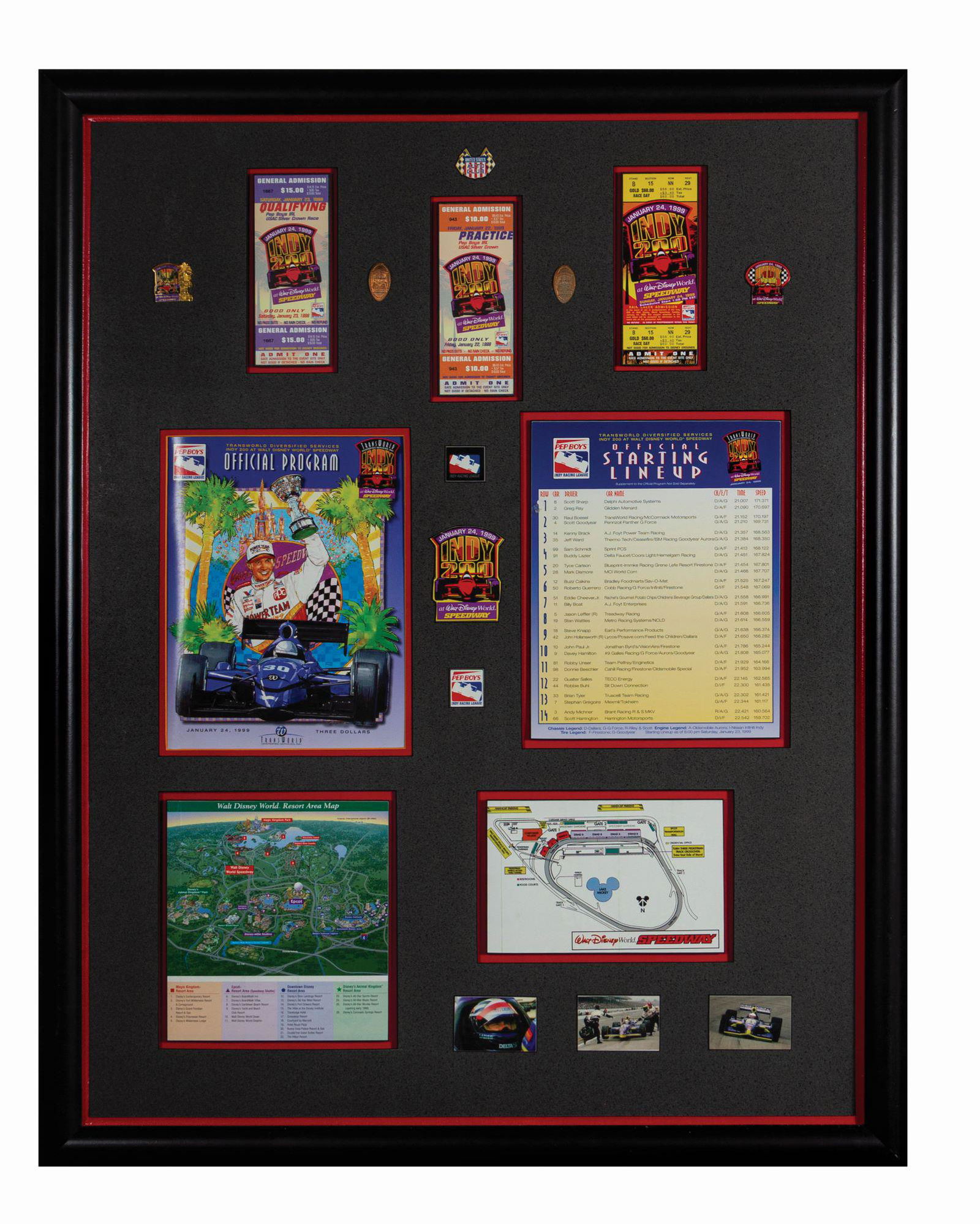 Walt Disney World Speedway Indy 200 Framed Set.: (Walt Disney World, 1996) A large collection of (18) items from the Indy 200 racing league event at the Walt Disney World Speedway. This framed set includes tickets, pins, programs, maps, flattened pe