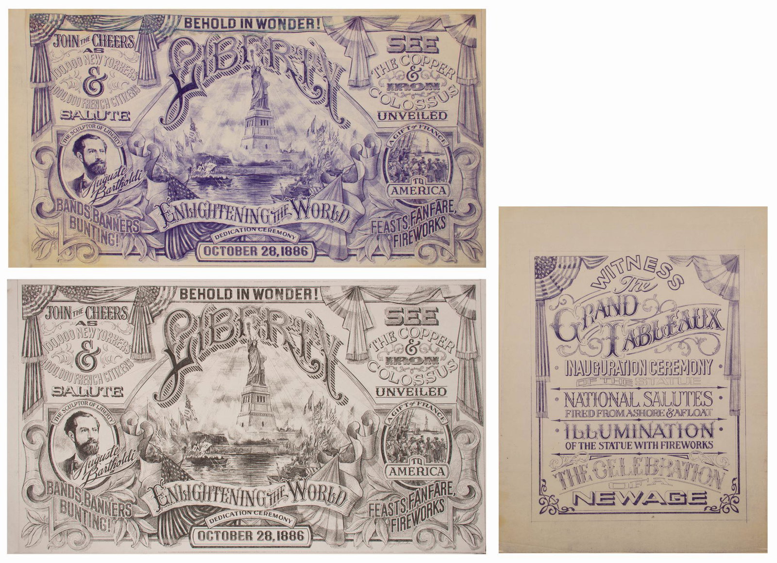 Set of (3) Liberty Arcade Jim Michaelson Concepts.: (Disneyland Paris, c.1991) A collection of (3) Imagineering working prints of concept art by artist Jim Michaelson for murals seen at the Statue of Liberty Diorama attraction in the Liberty Arcade. Th