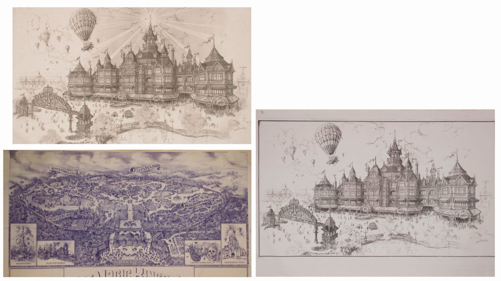 Set of (3) of Disneyland Paris Jim Michaelson Concepts.: (Disneyland Paris, 1988-90) A collection of (3) Imagineering working prints of concept art by Imagineer Jim Michaelson for Disneyland Paris. Two of these concepts feature gorgeous representations of t