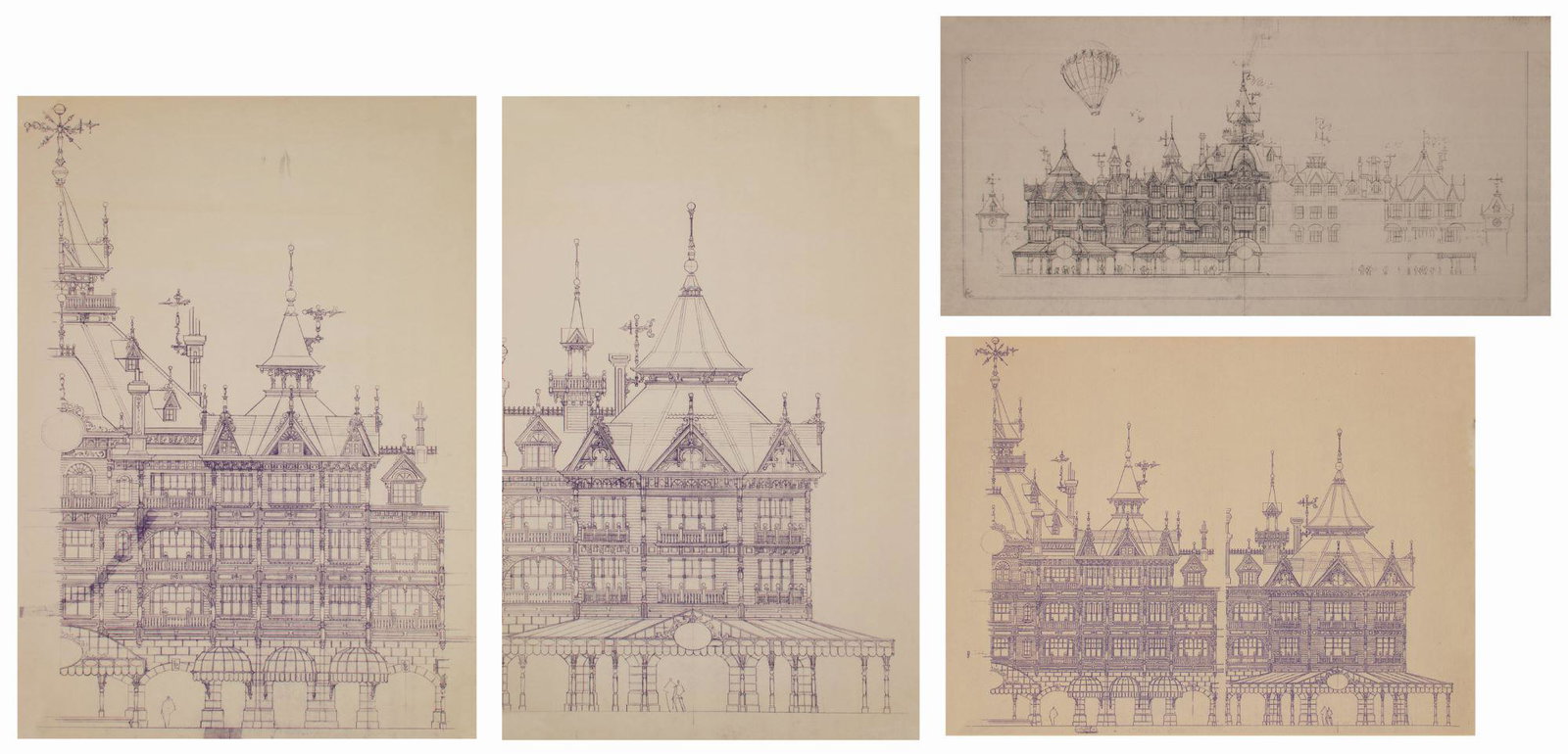 Set of (4) Disneyland Paris Jim Michaelson Concepts.: (Disneyland Paris, c.1988) A collection of (4) Imagineering working prints of concept art by Imagineer Jim Michaelson for the Disneyland Hotel at Disneyland Paris. These gorgeous representations of th