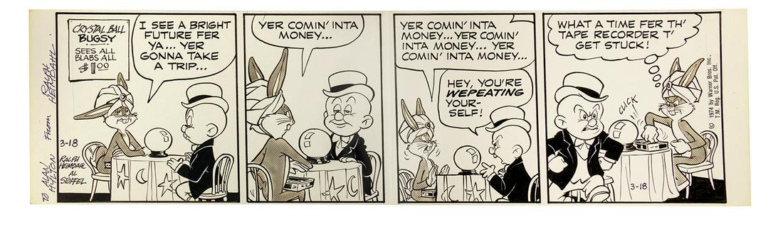 Original Bugs Bunny Comic Strip Art.: (Warner Bros., 1974) An original illustration for a Bugs Bunny comic strip that is signed by artist Ralph Heimdahl. The strip ran for 51 years, with Heimdahl and writer Al Stoffel working on it from 1