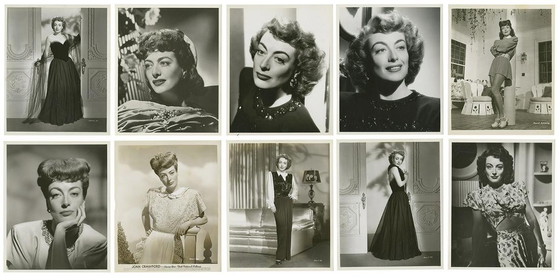 Set of Joan Crawford Harper Goff Publicity Photos.: (Goff, c.1940s) A set of (10) Joan Crawford publicity photos from the collection of Harper Goff. These publicity stills capture Crawford throughout the 1940s. Goff worked as a set designer for a wide