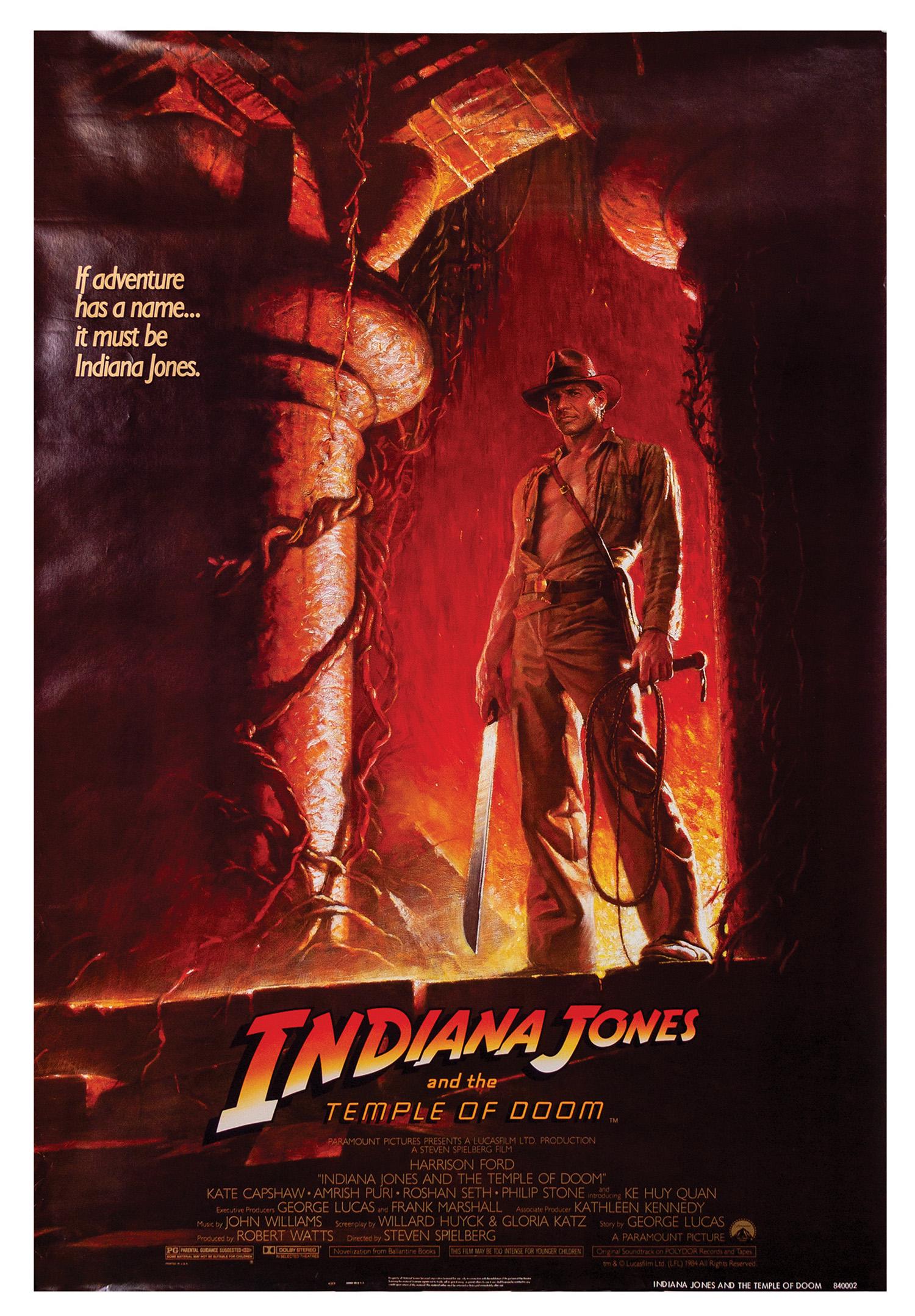Indiana Jones and the Temple of Doom Poster.: (Lucasfilm, 1984) An original one sheet poster for Indiana Jones and the Temple of Doom, featuring the stunning artwork of Bruce Wolfe. Measuring 41"x27", the poster is in good condition with minor su