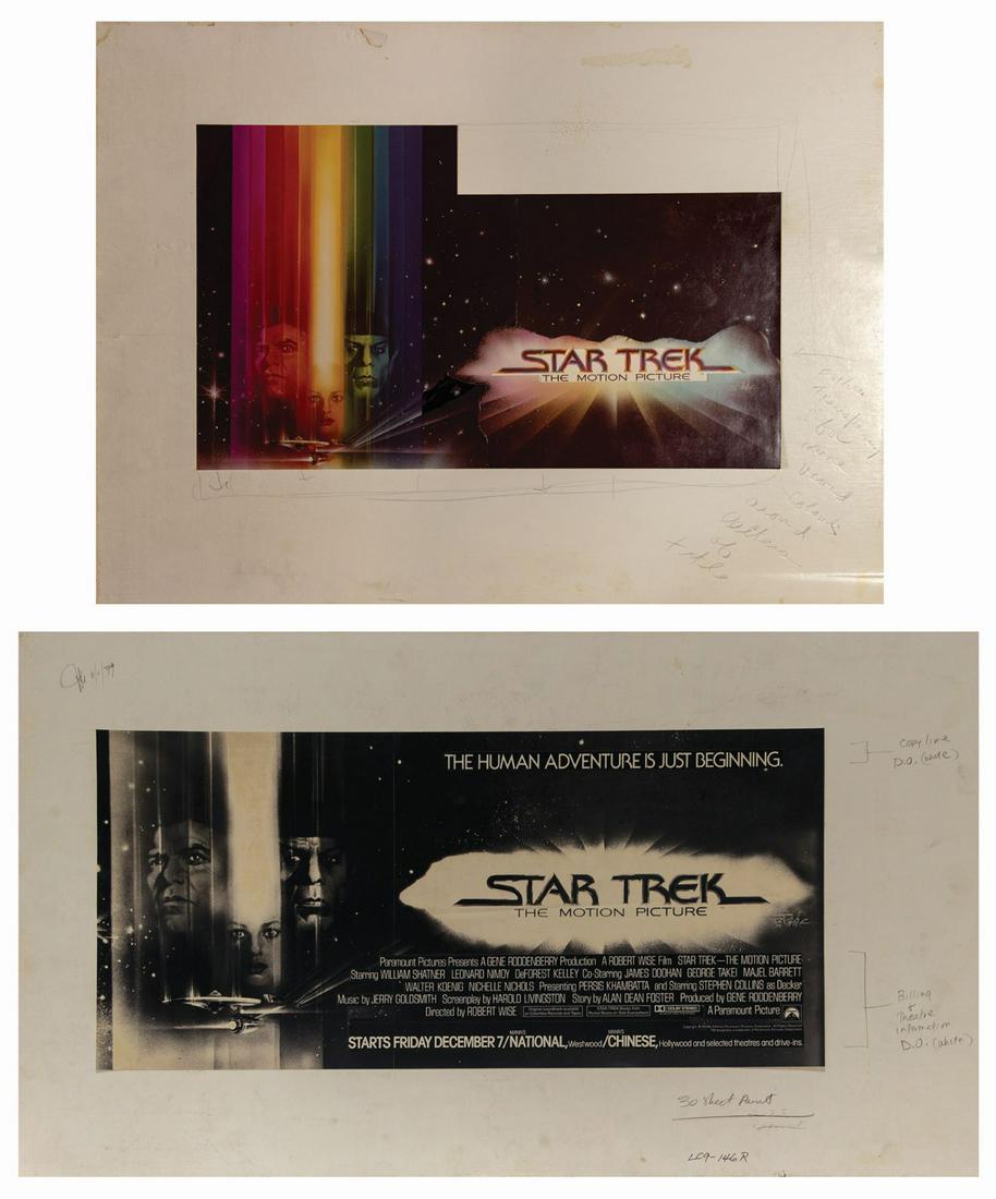 Pair of Star Trek: The Motion Picture Promotional Art.: (Paramount, 1979) A pair of Star Trek: The Motion Picture promotional designs featuring the artwork of Bob Peak. These pre-release designs come from the collection of Bill Wallen and were used to crea