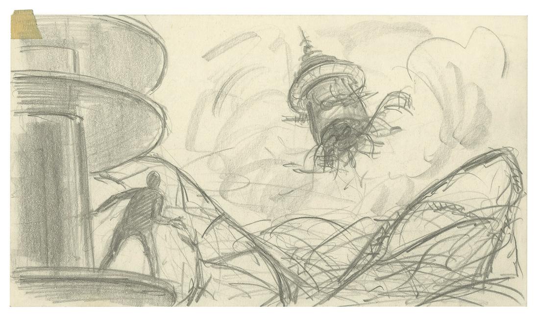 Original The Black Hole Concept Drawing.: (Disney, 1979) An original concept drawing for The Black Hole. Accomplished in ink and pencil on thin art paper, the concept drawing measures 5"x9" and is in very good condition with minor wear from u