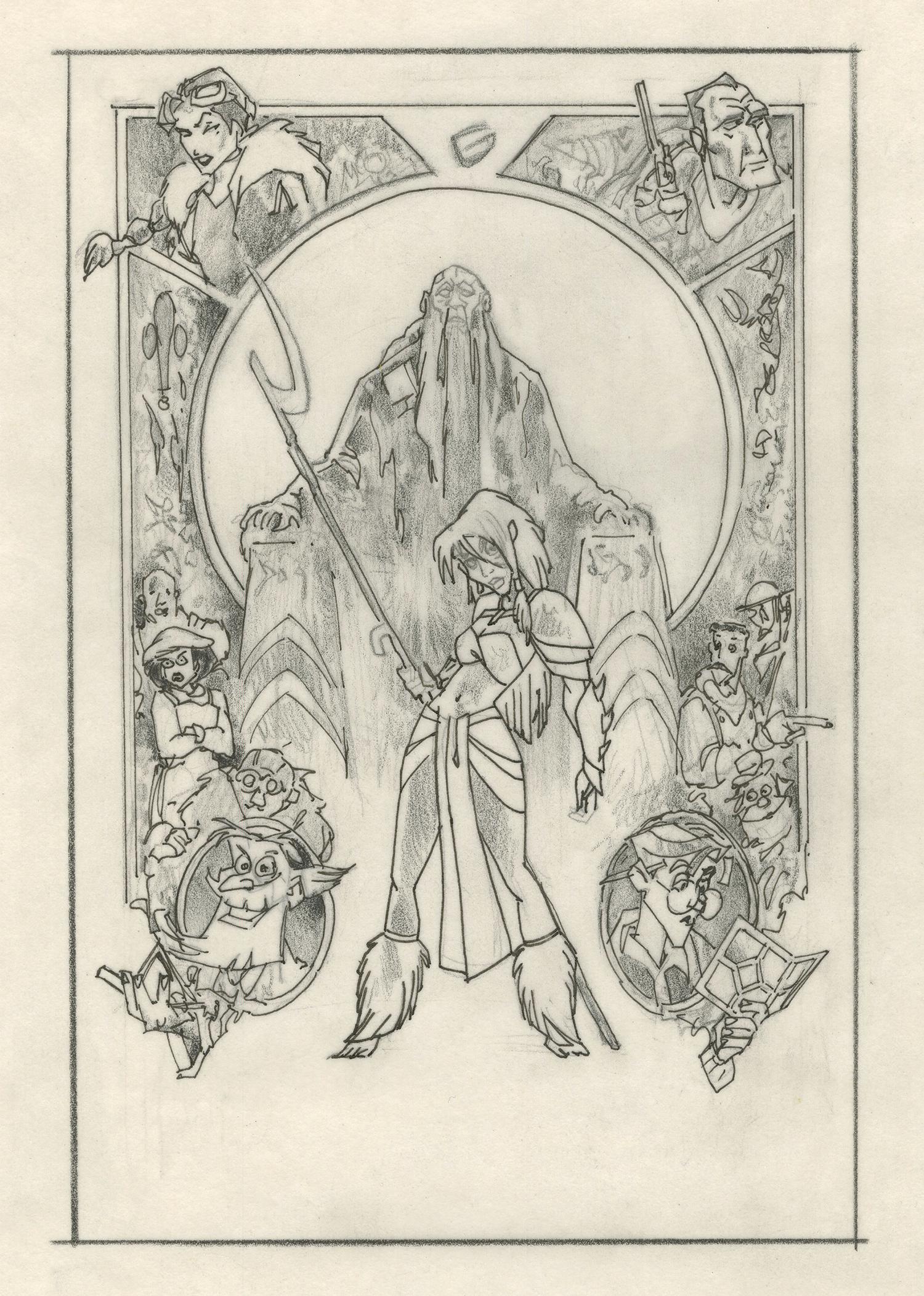 Atlantis: The Lost Empire Promotional Drawing.: (Disney, 2001) An original promotional drawing created for Atlantis: The Lost Empire. The drawing is believed to have been created for merchandise or promotional purposes, and features the principal c